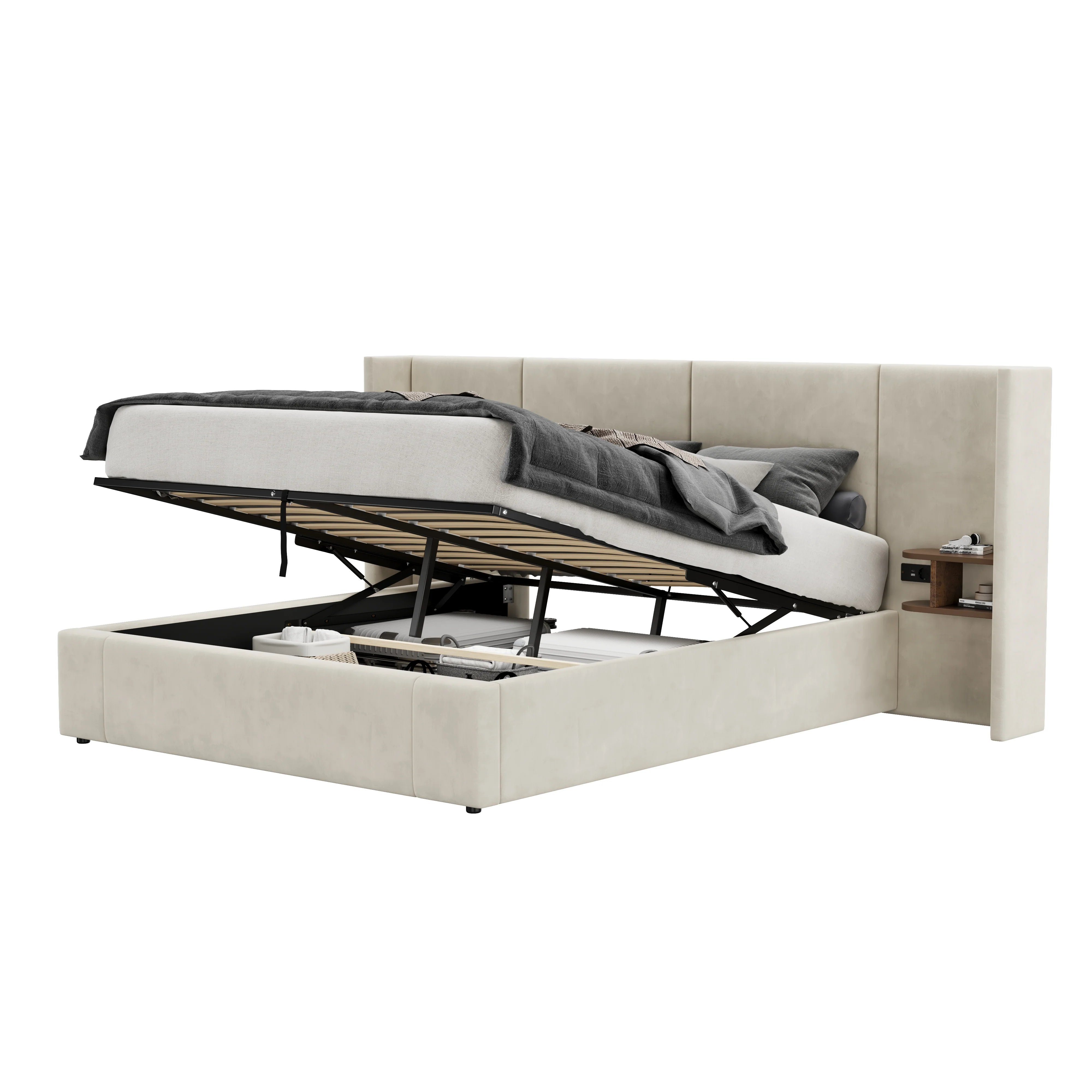 Upholstered Storage Bed with Hydraulic Lift, USB Charging & Two Bedside Tables, Beige - Image 4