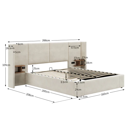 Upholstered Storage Bed with Hydraulic Lift, USB Charging & Two Bedside Tables, Beige - Image 6