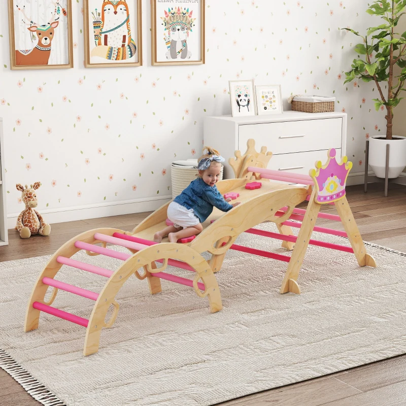 Indoor Climbing Frame 8-in-1 Princess Slide Ramp Arch - Wood - Image 2