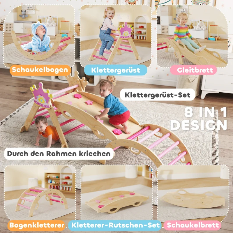 Indoor Climbing Frame 8-in-1 Princess Slide Ramp Arch - Wood - Image 4