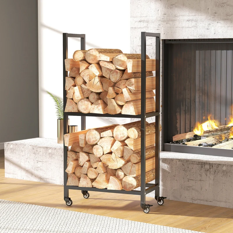 Indoor Firewood Rack 2 Levels With Wheels Steel - Black - Image 8