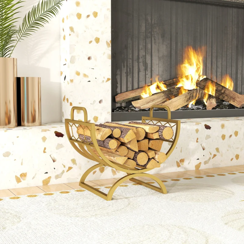 Indoor Firewood Rack 46x36x41cm for Fireplaces Stoves - Metal Gold - Image 2