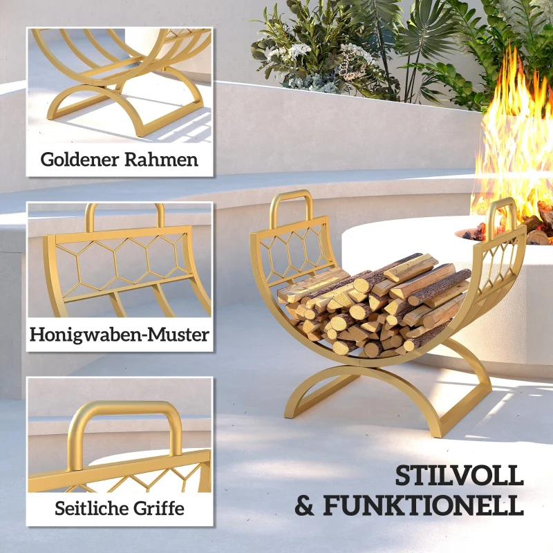 Indoor Firewood Rack 46x36x41cm for Fireplaces Stoves - Metal Gold - Image 5