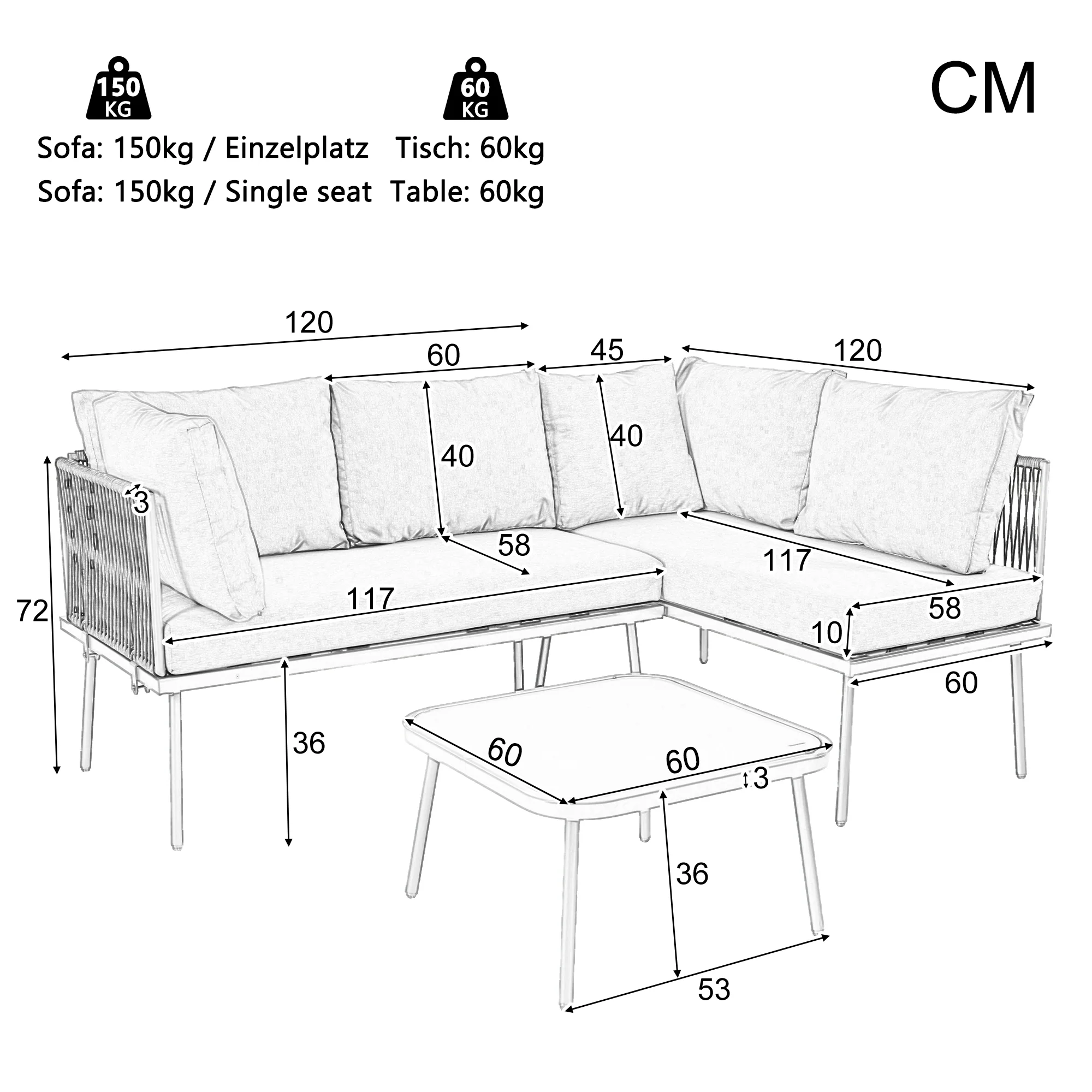 Iron Garden Lounge Set L-Shaped with Seat Cushions, 2 Sofas & 1 Table, Khaki - Image 4