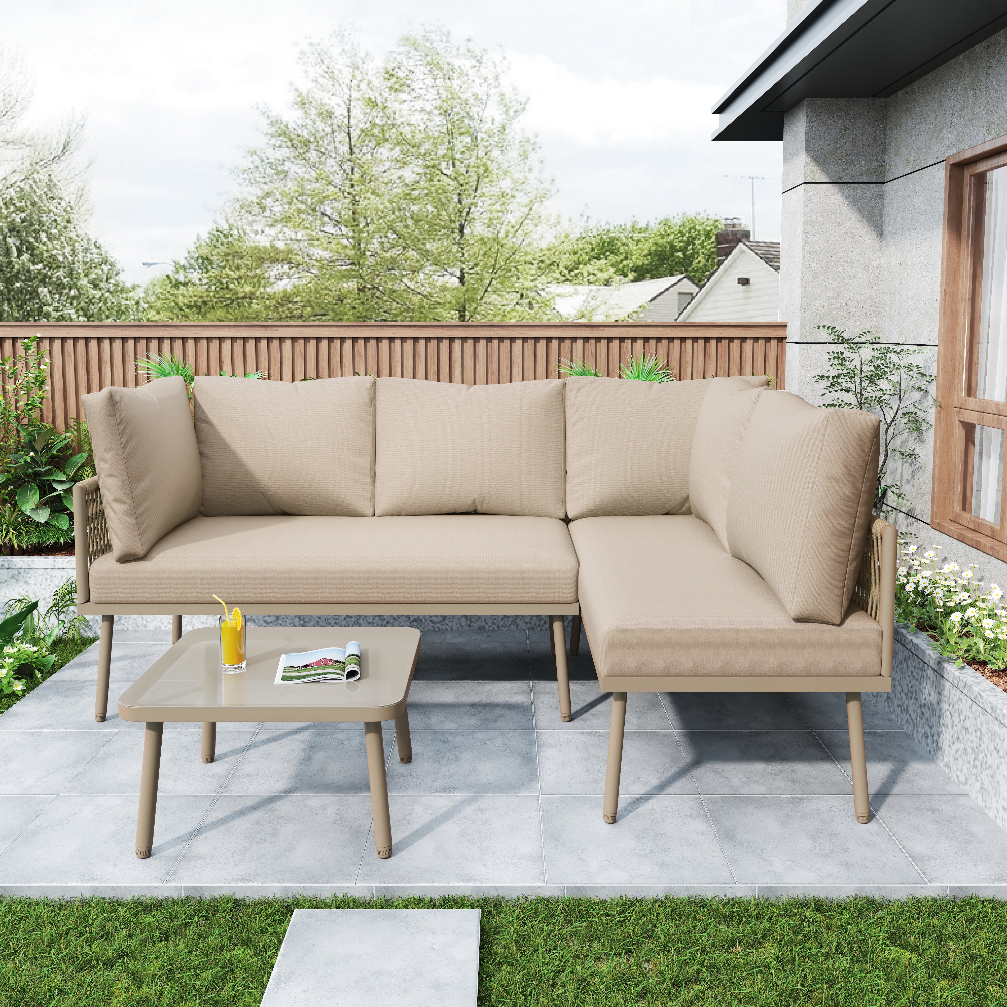 Iron Garden Lounge Set L-Shaped with Seat Cushions, 2 Sofas & 1 Table, Khaki - Image 6