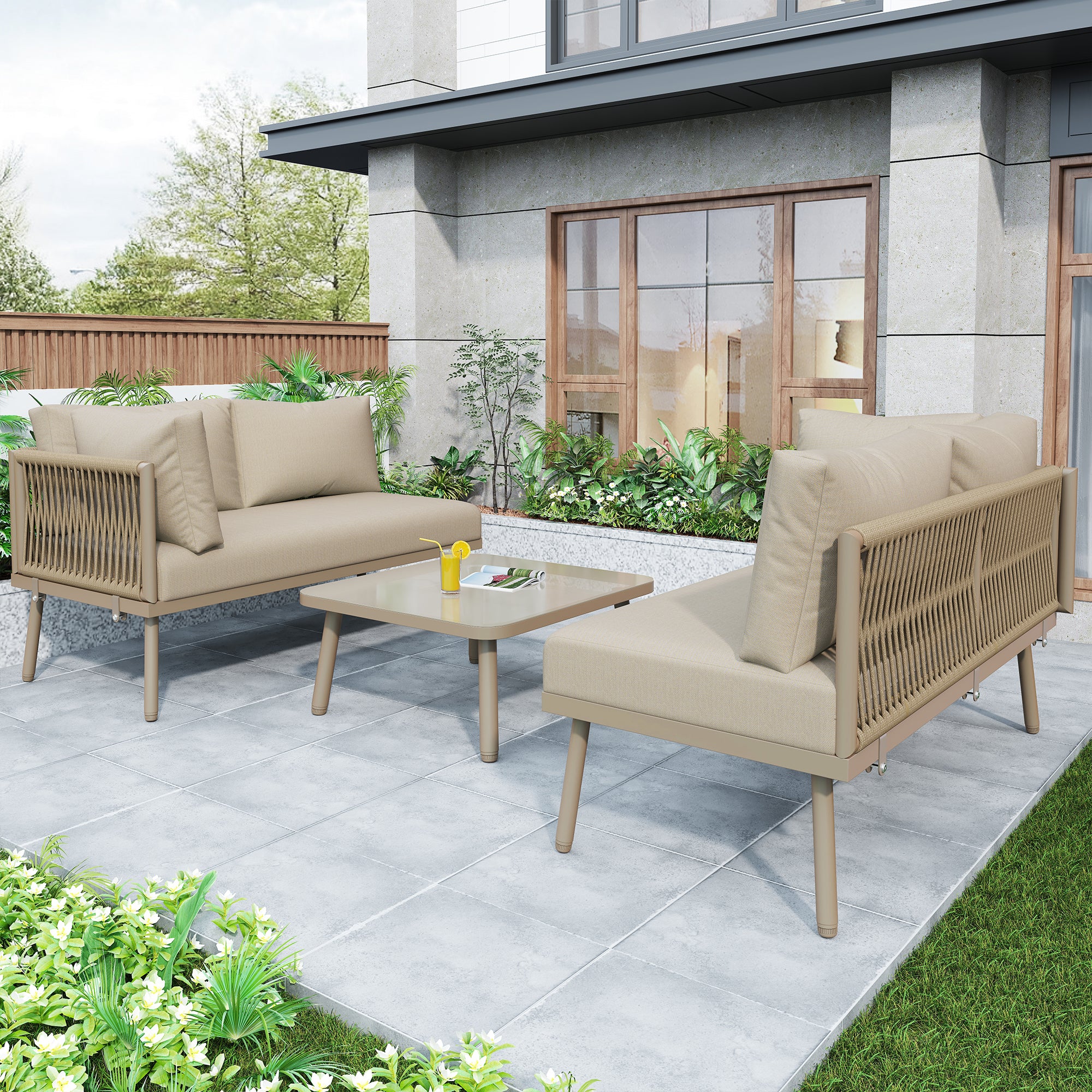 Iron Garden Lounge Set L-Shaped with Seat Cushions, 2 Sofas & 1 Table, Khaki - Image 7