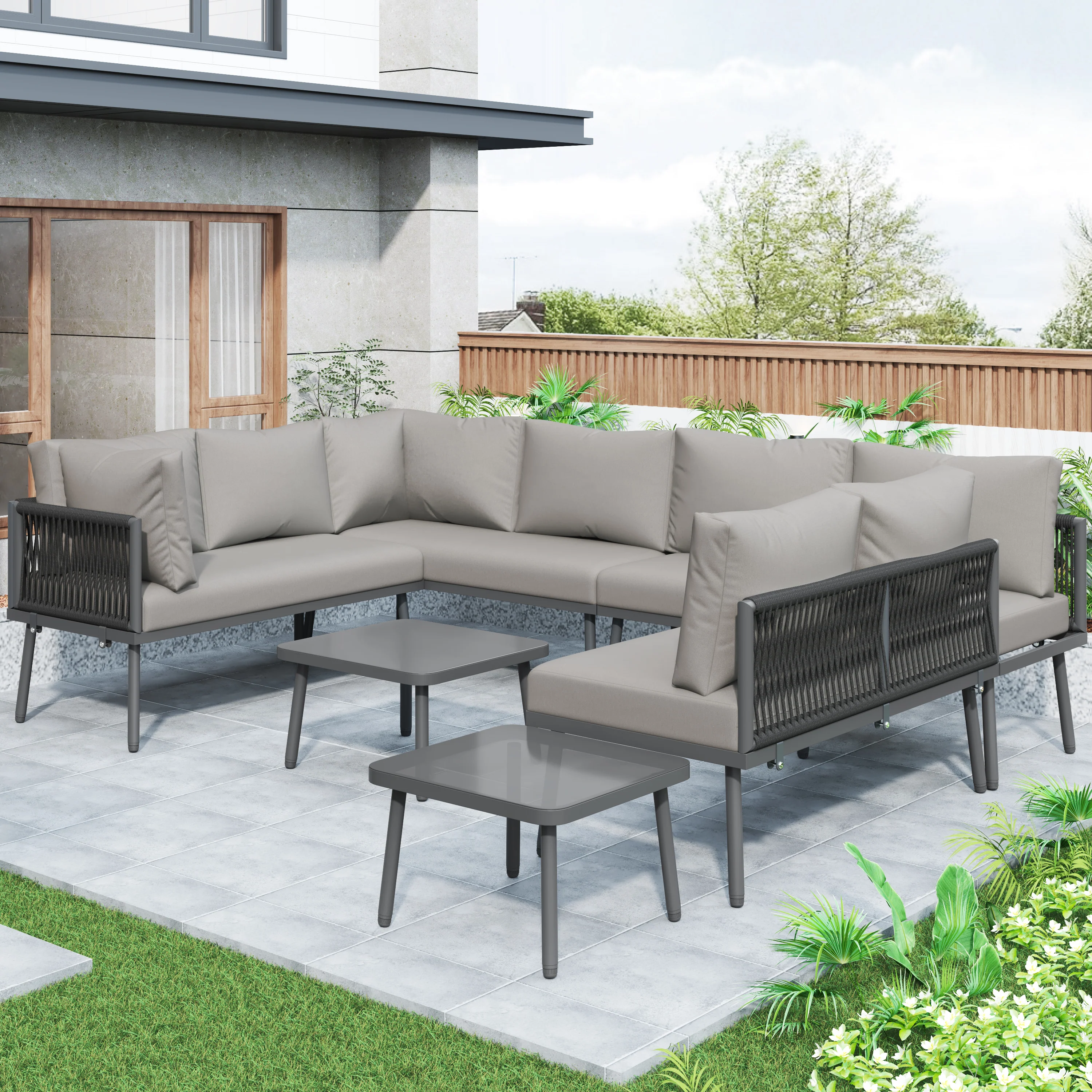 Iron Garden Lounge Set U-Shaped Corner Sofa 8-Seater 2 Tables - Various - Image 2