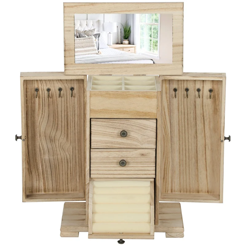 Jewelry Box, 4-Tier Case with Mirror, Wood Brown