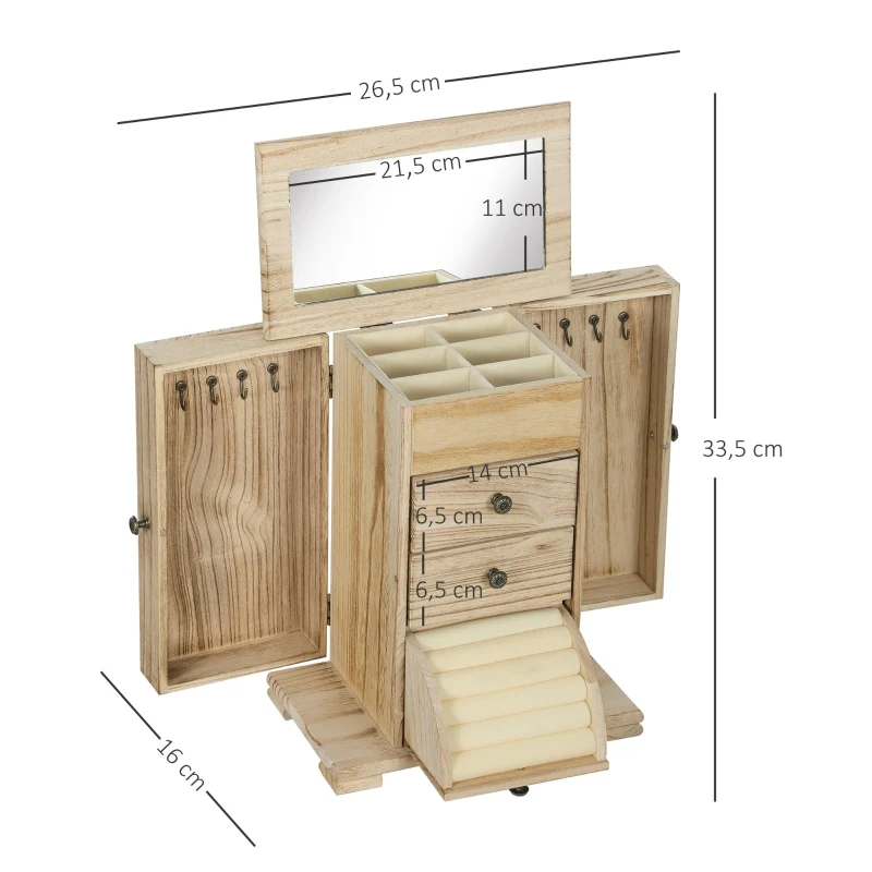 Jewelry Box, 4-Tier Case with Mirror, Wood Brown - Image 2