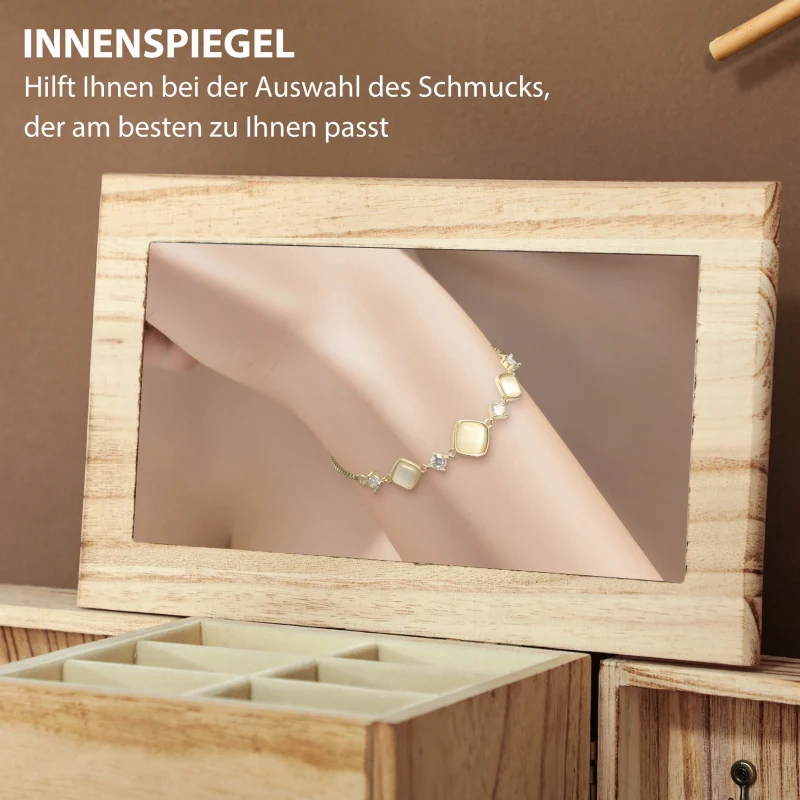 Jewelry Box, 4-Tier Case with Mirror, Wood Brown - Image 3