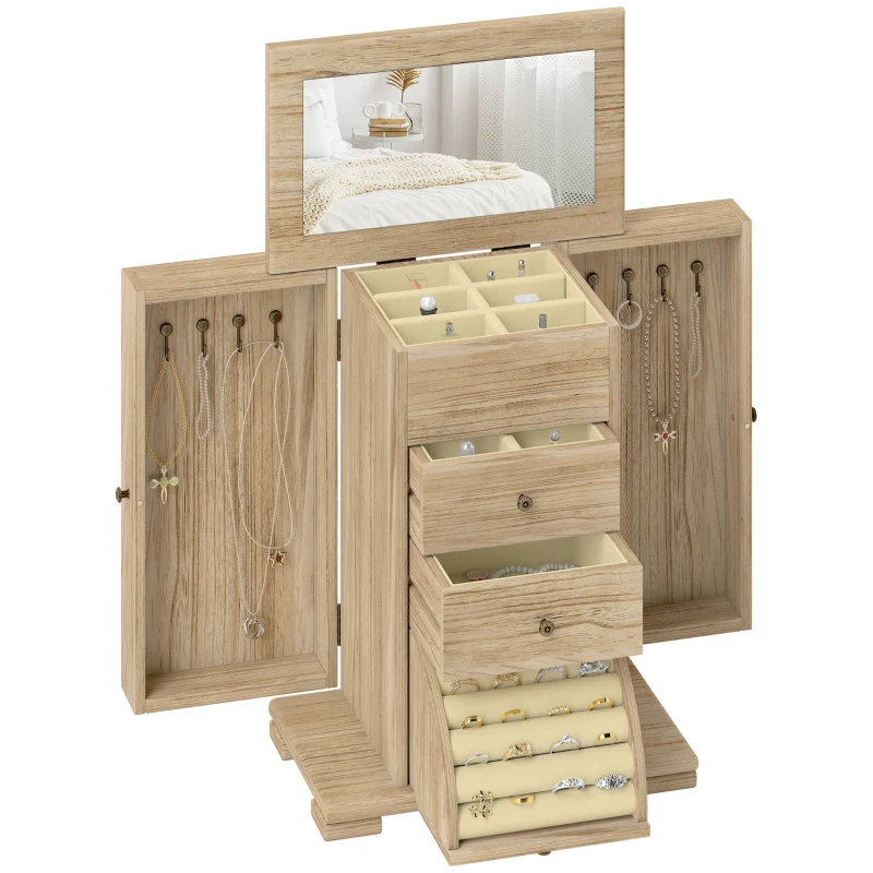Jewelry Box, 4-Tier Case with Mirror, Wood Brown - Image 7
