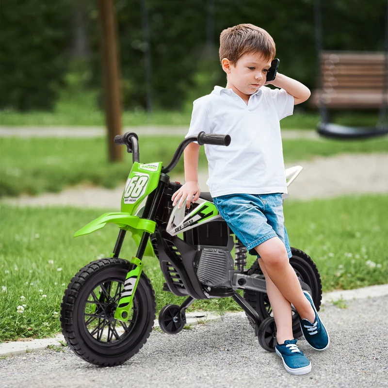 Kids Electric Motorbike, 12V Ride-On with Twist Grip Throttle and Training Wheels, Green - Image 2