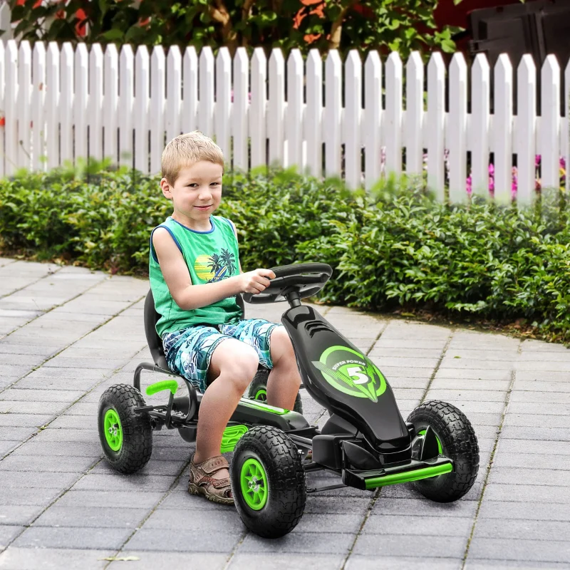 Kids Pedal Go Kart - Adjustable Seat, Inflatable Tyres - Green - Image 2