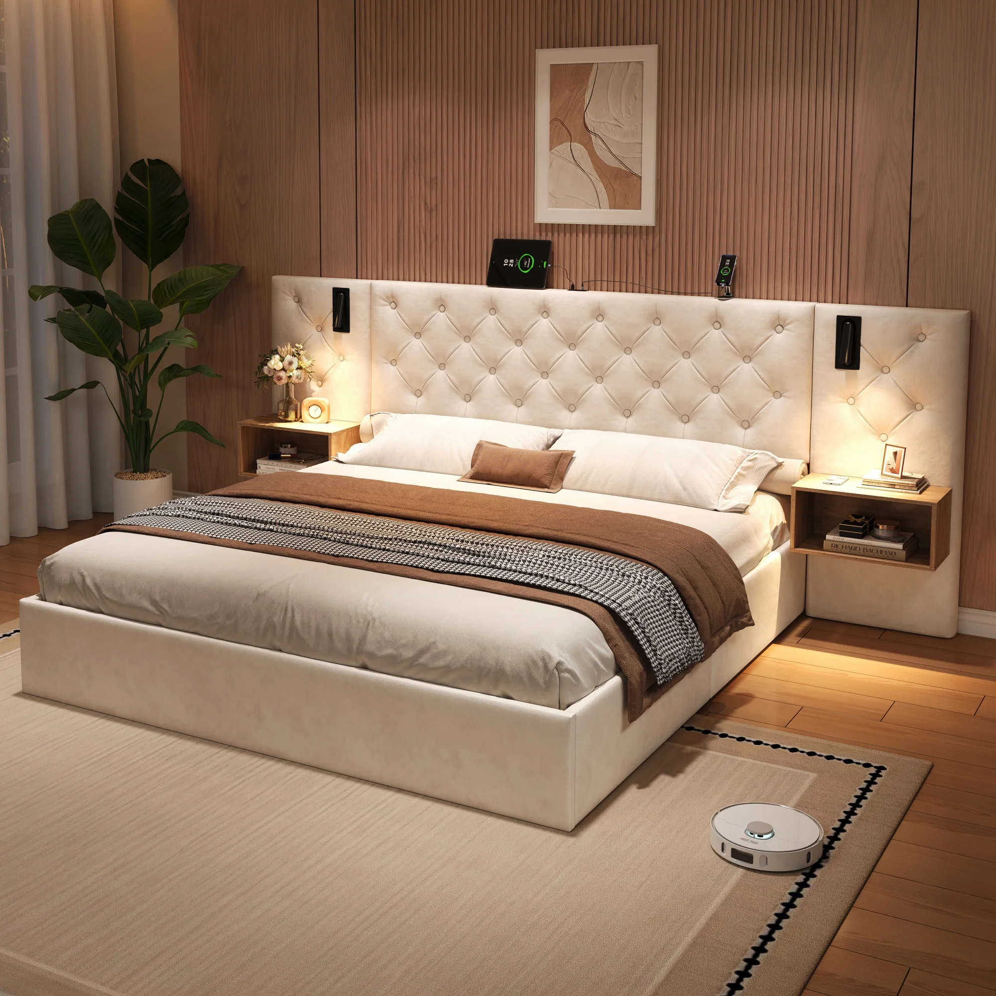 King Upholstered Bed with Charging Station, Reading Light, and Hydraulic Storage, Beige Velvet - Image 2