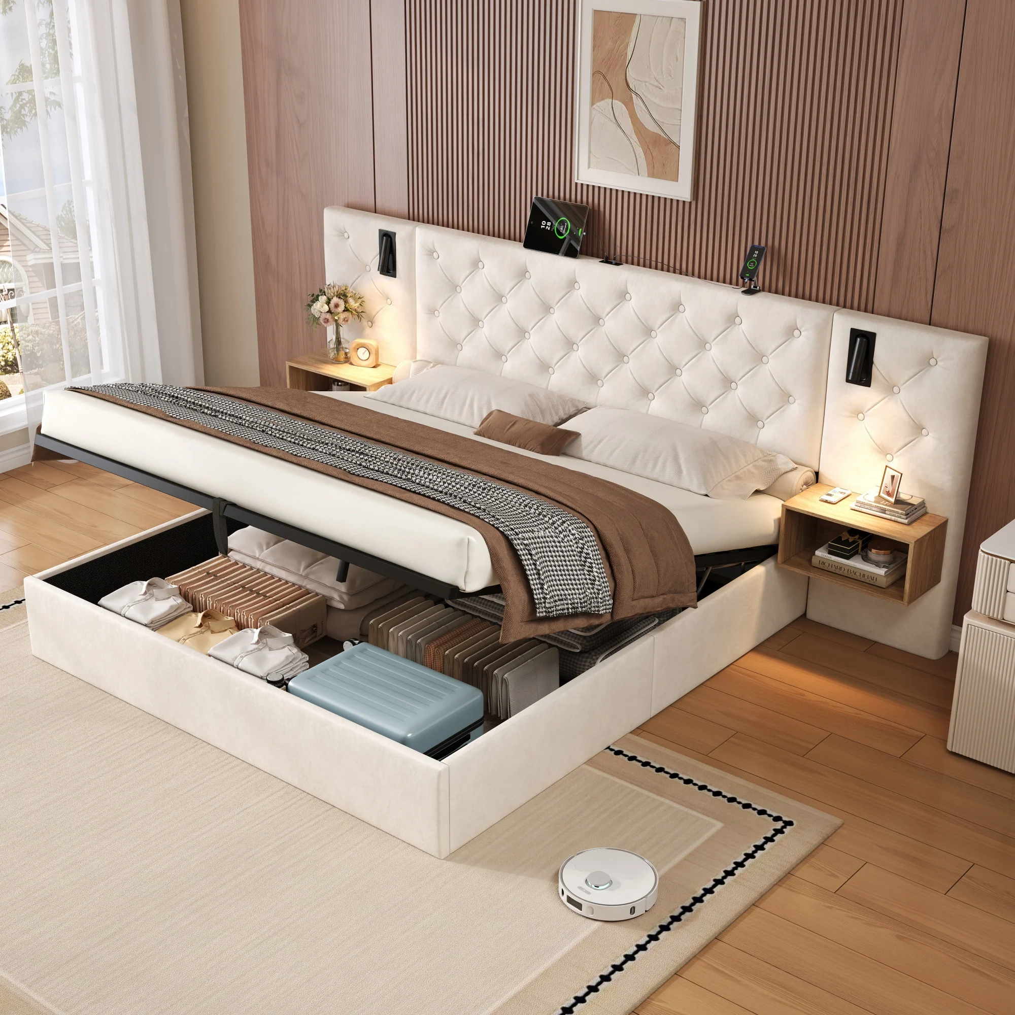 King Upholstered Bed with Charging Station, Reading Light, and Hydraulic Storage, Beige Velvet - Image 3