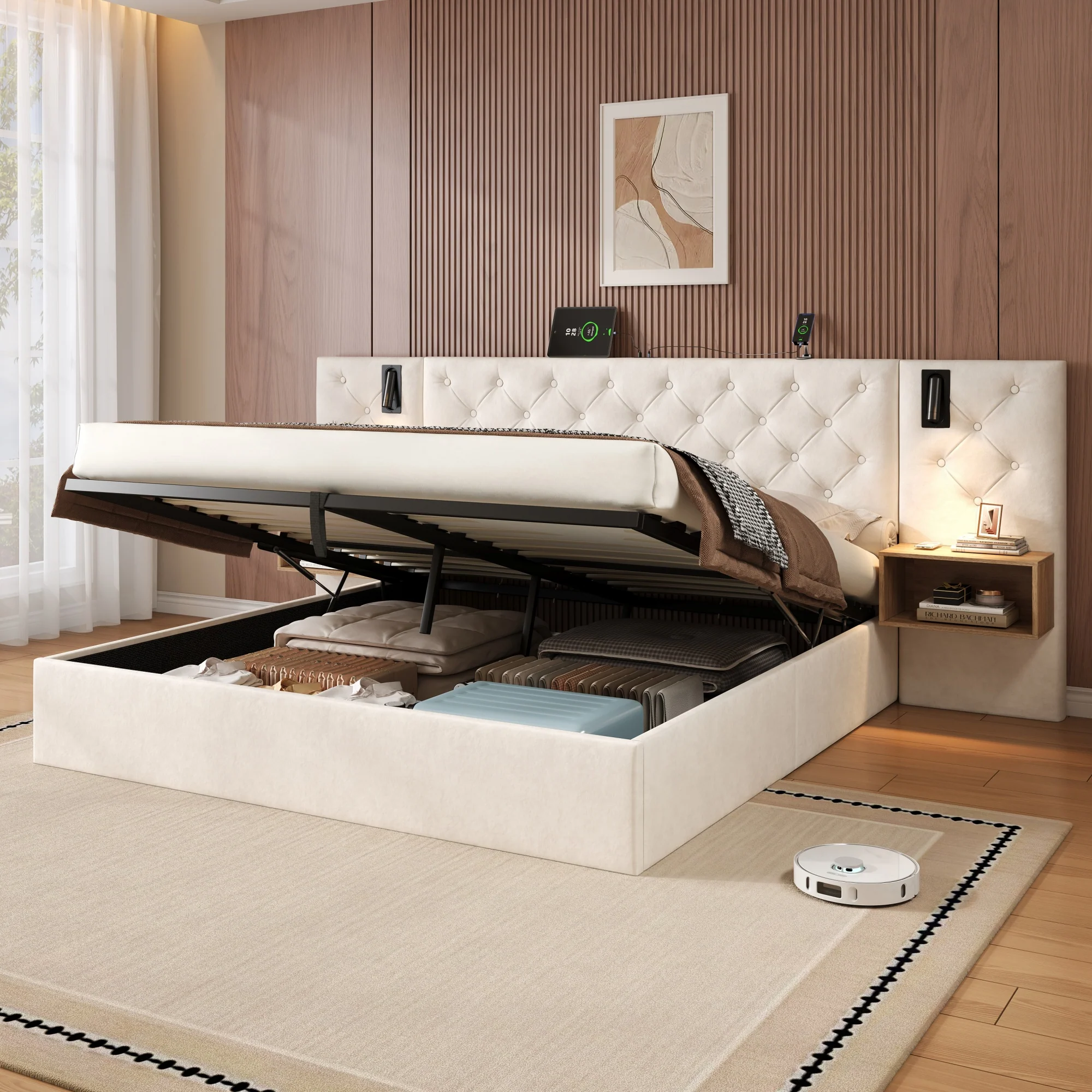 King Upholstered Bed with Charging Station, Reading Light, and Hydraulic Storage, Beige Velvet - Image 4