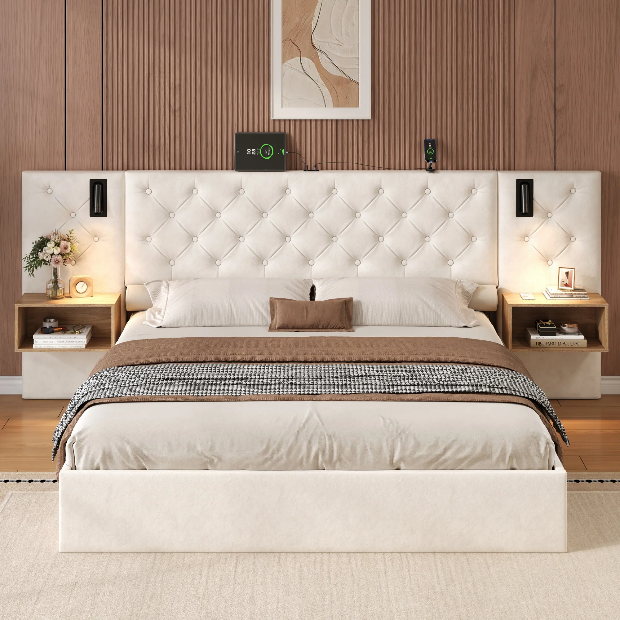 King Upholstered Bed with Charging Station, Reading Light, and Hydraulic Storage, Beige Velvet - Image 5
