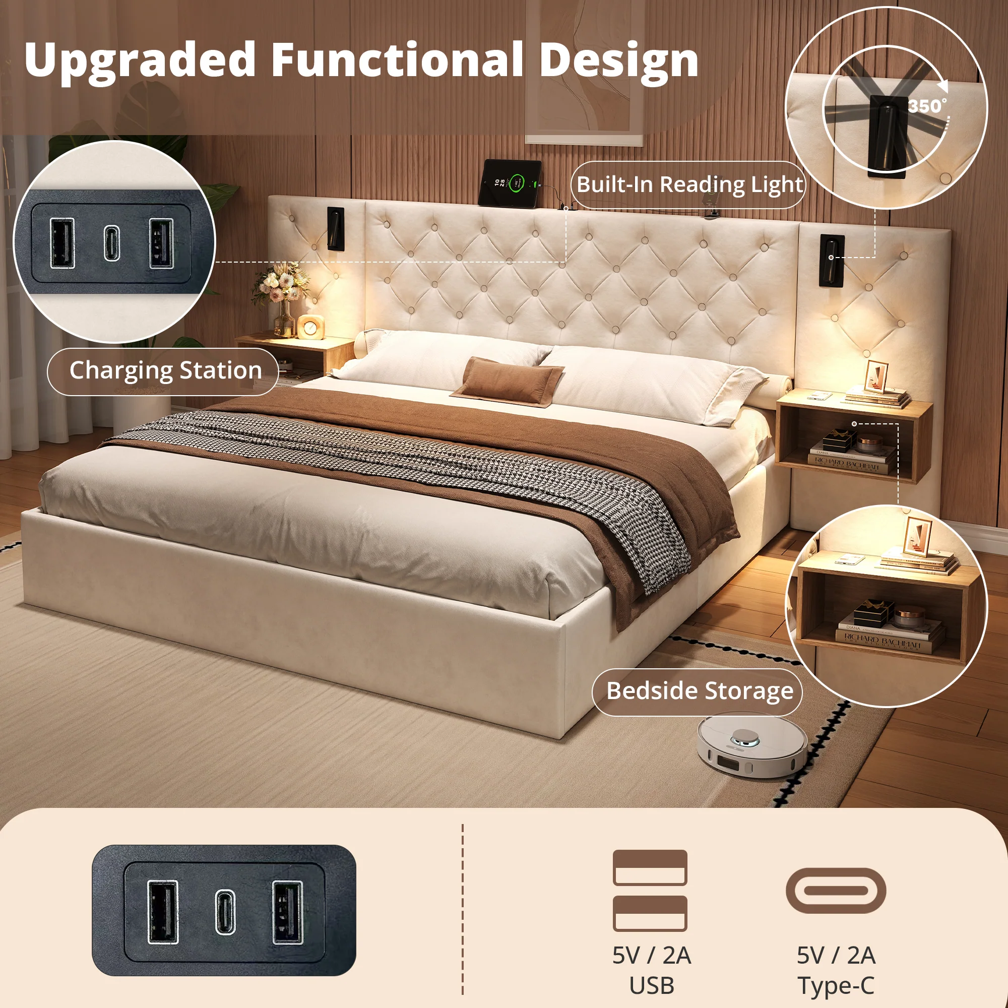 King Upholstered Bed with Charging Station, Reading Light, and Hydraulic Storage, Beige Velvet - Image 6