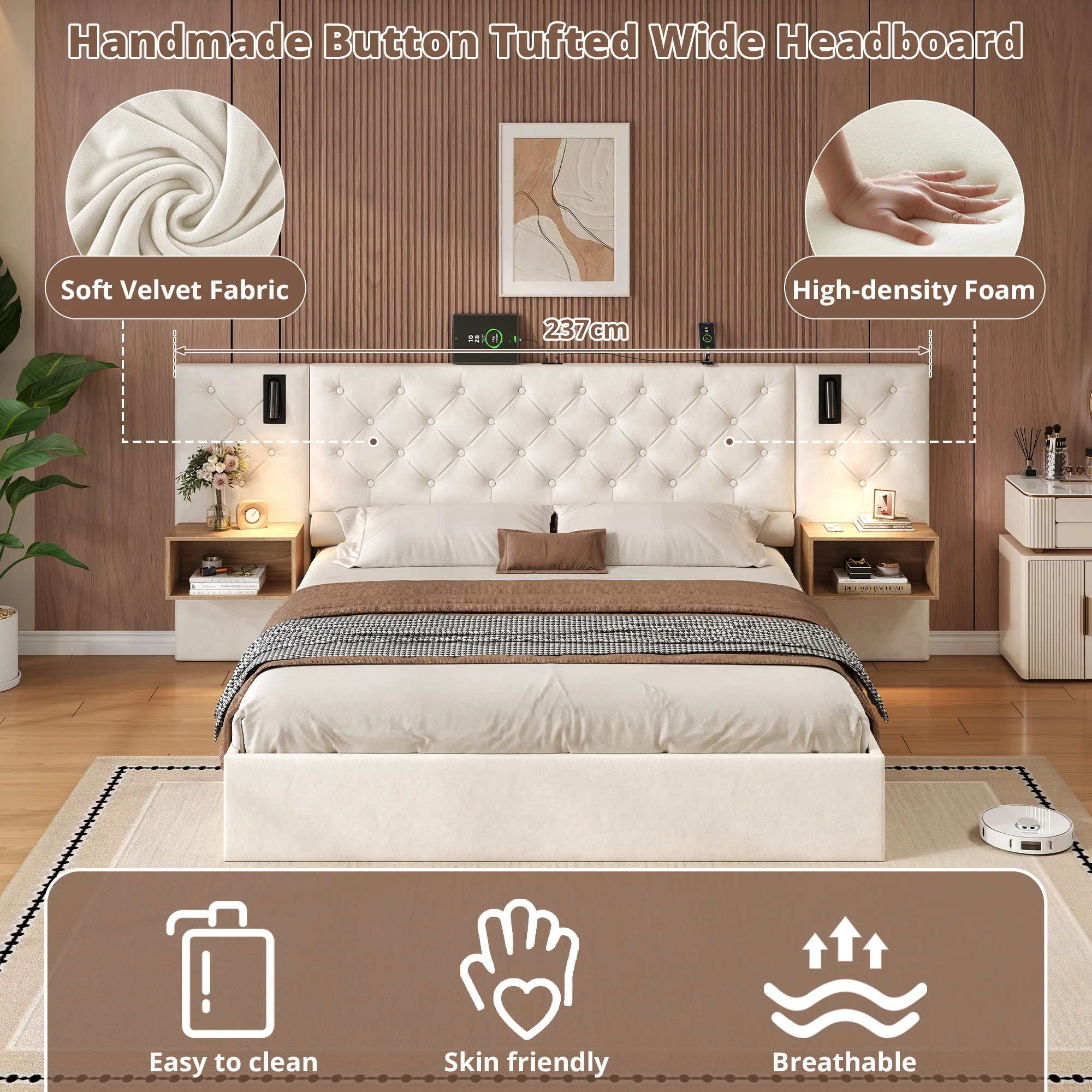 King Upholstered Bed with Charging Station, Reading Light, and Hydraulic Storage, Beige Velvet - Image 7