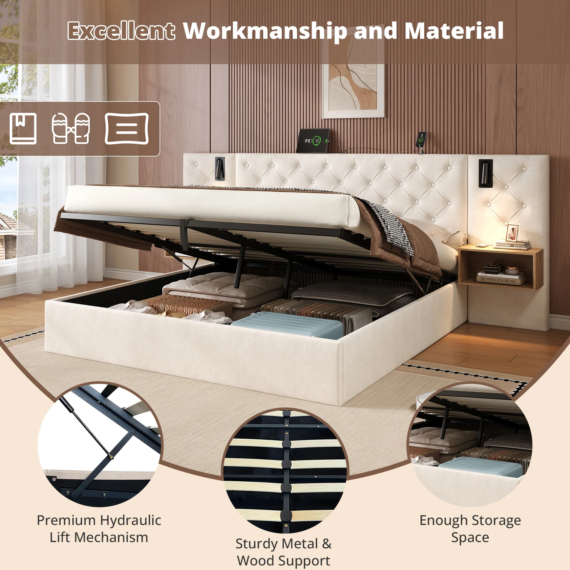 King Upholstered Bed with Charging Station, Reading Light, and Hydraulic Storage, Beige Velvet - Image 8