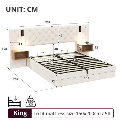 King Upholstered Bed with Charging Station, Reading Light, and Hydraulic Storage, Beige Velvet - Image 9