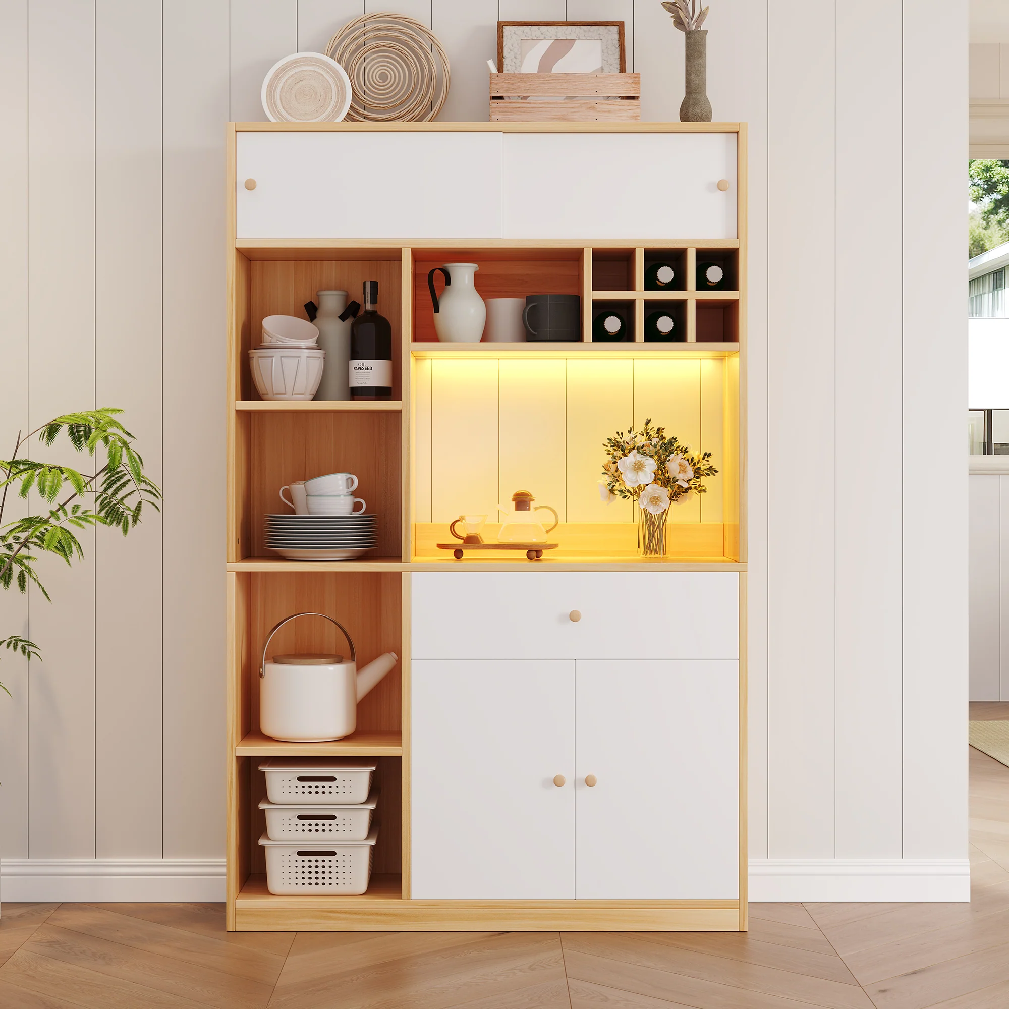 Kitchen Buffet Cabinet LED 1 Drawer 3 Doors Shelves 115x180cm
