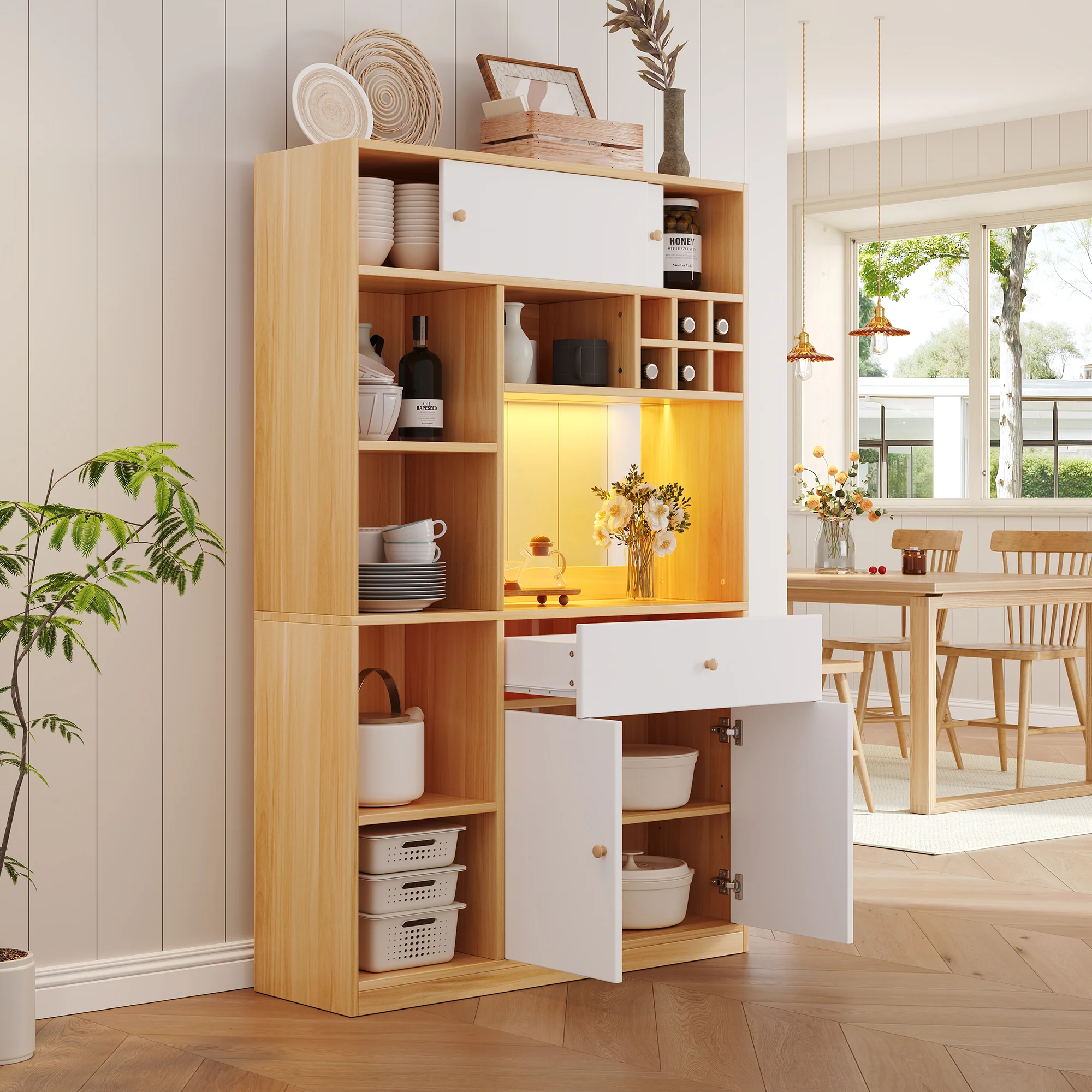 Kitchen Buffet Cabinet LED 1 Drawer 3 Doors Shelves 115x180cm - Image 3