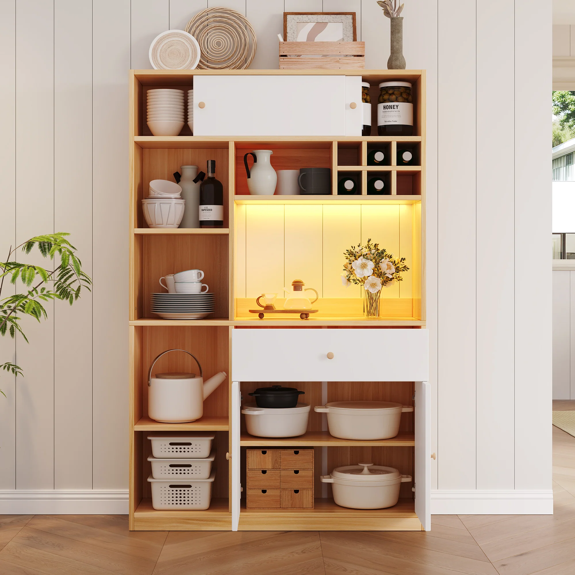 Kitchen Buffet Cabinet LED 1 Drawer 3 Doors Shelves 115x180cm - Image 4