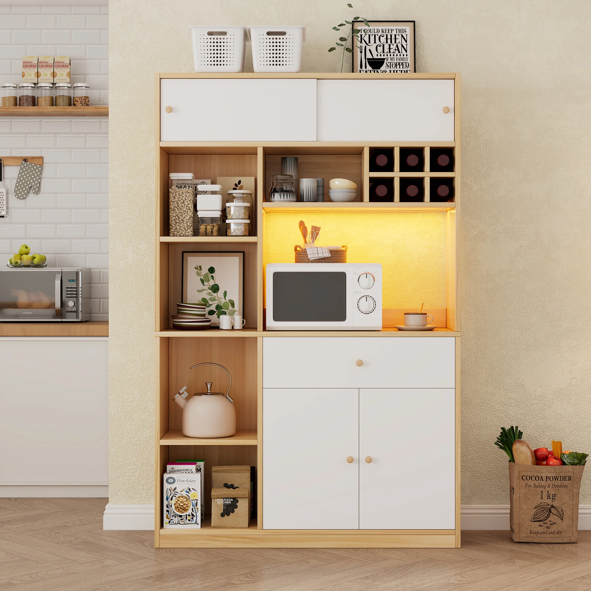 Kitchen Buffet Cabinet LED 1 Drawer 3 Doors Shelves 115x180cm - Image 8