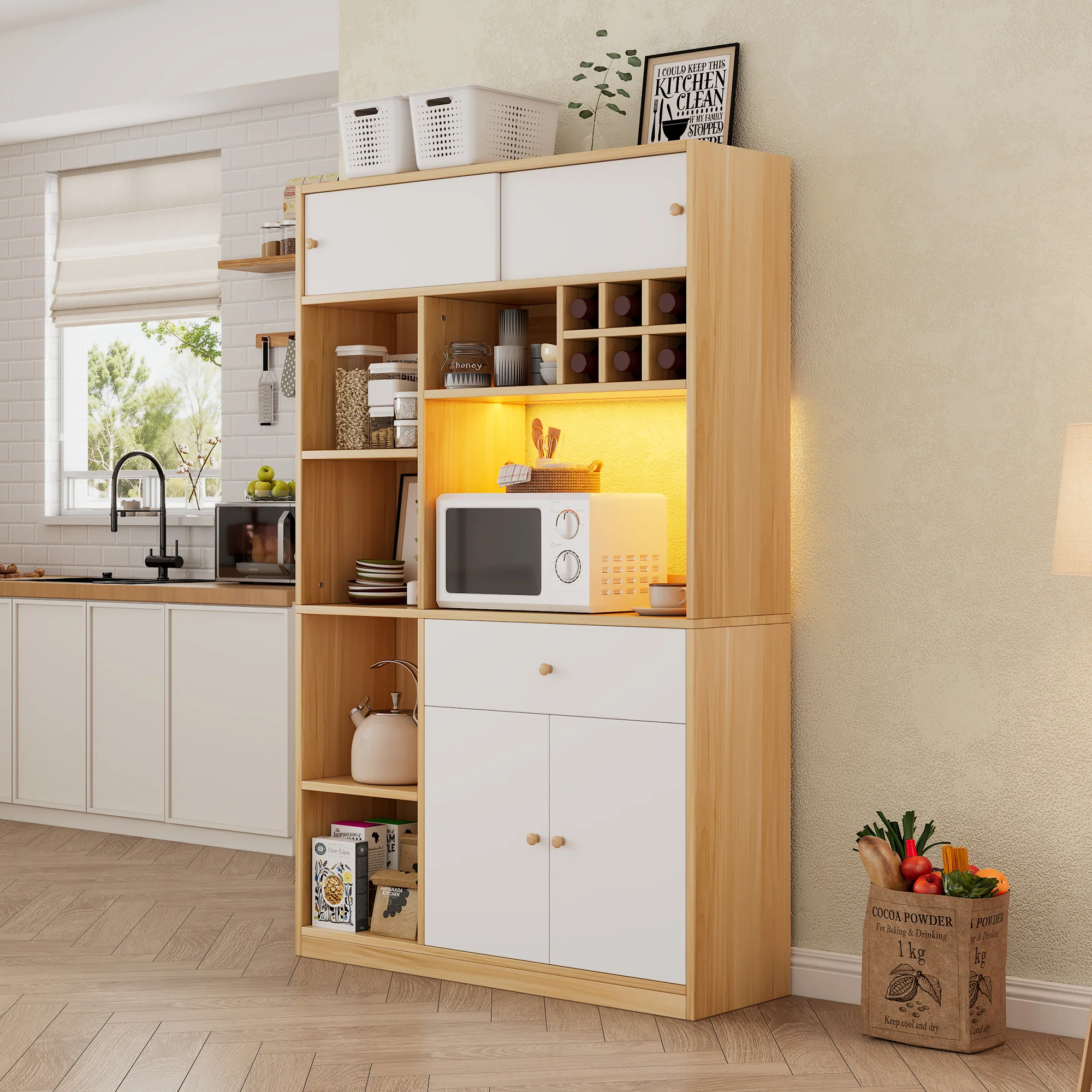 Kitchen Buffet Cabinet LED 1 Drawer 3 Doors Shelves 115x180cm - Image 9