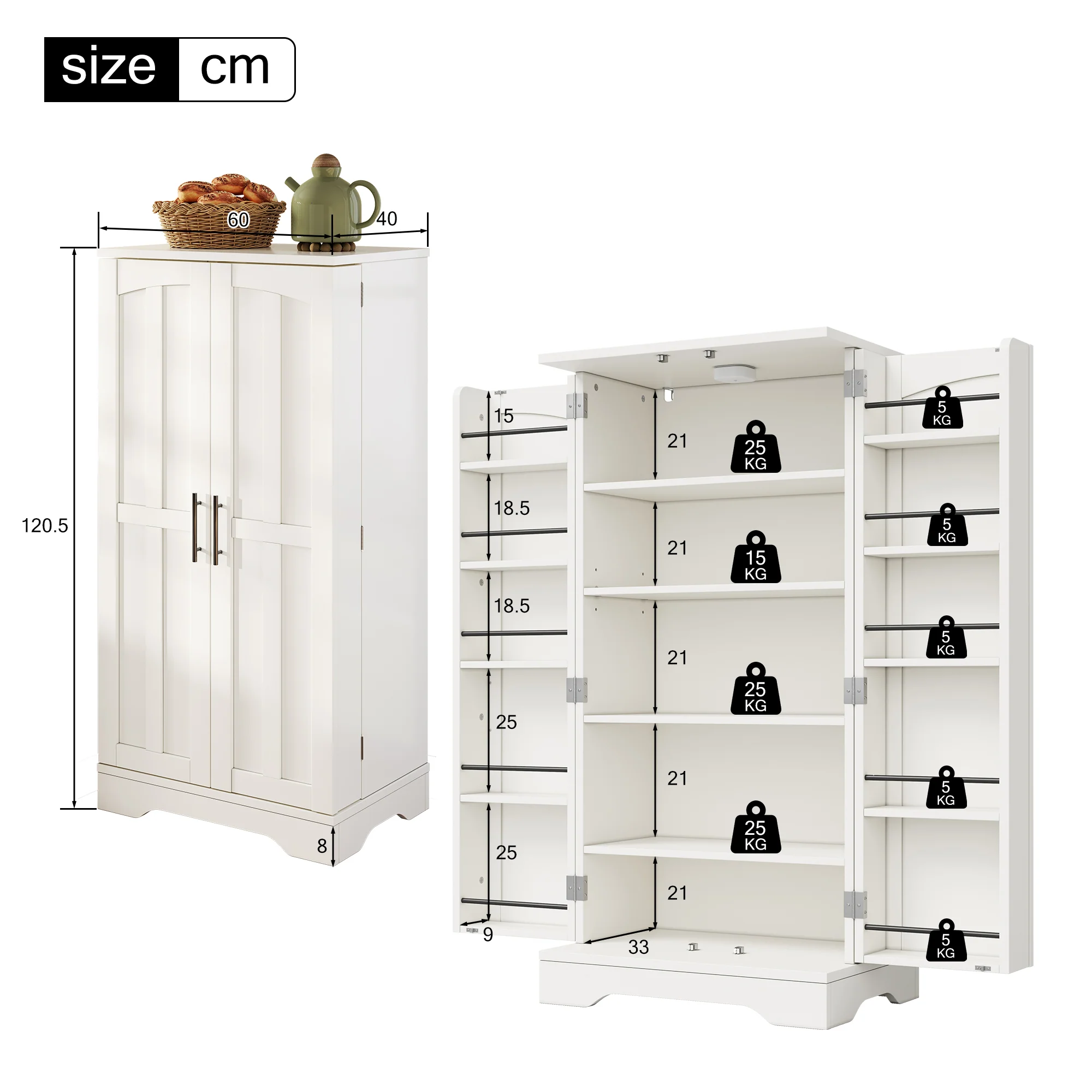 Kitchen Cabinet 120x60x40cm LED Sensor Light 2-Door Adjustable Shelves - White - Image 6