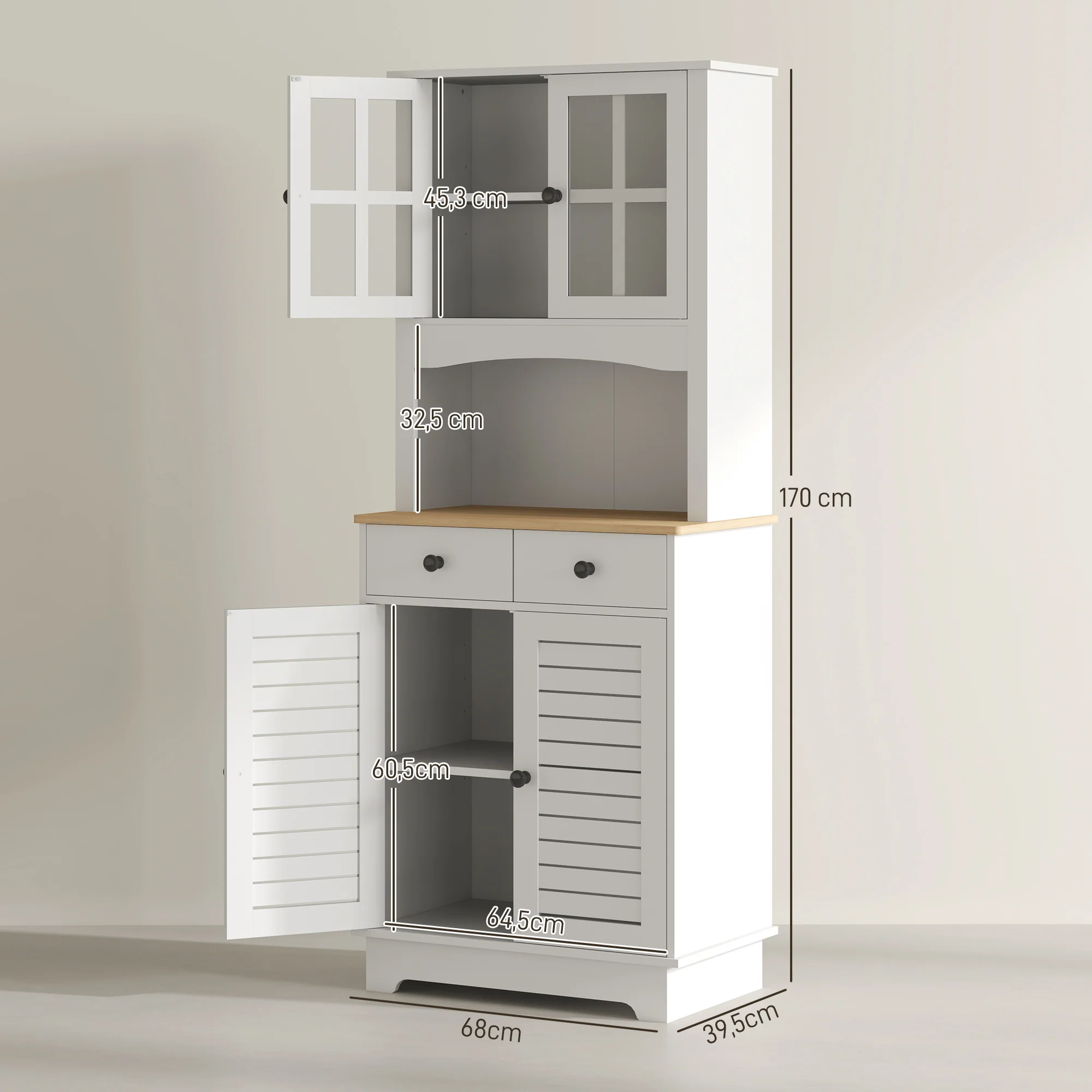 Kitchen Cabinet Glass Doors 2 Drawers - Wood White - Image 3