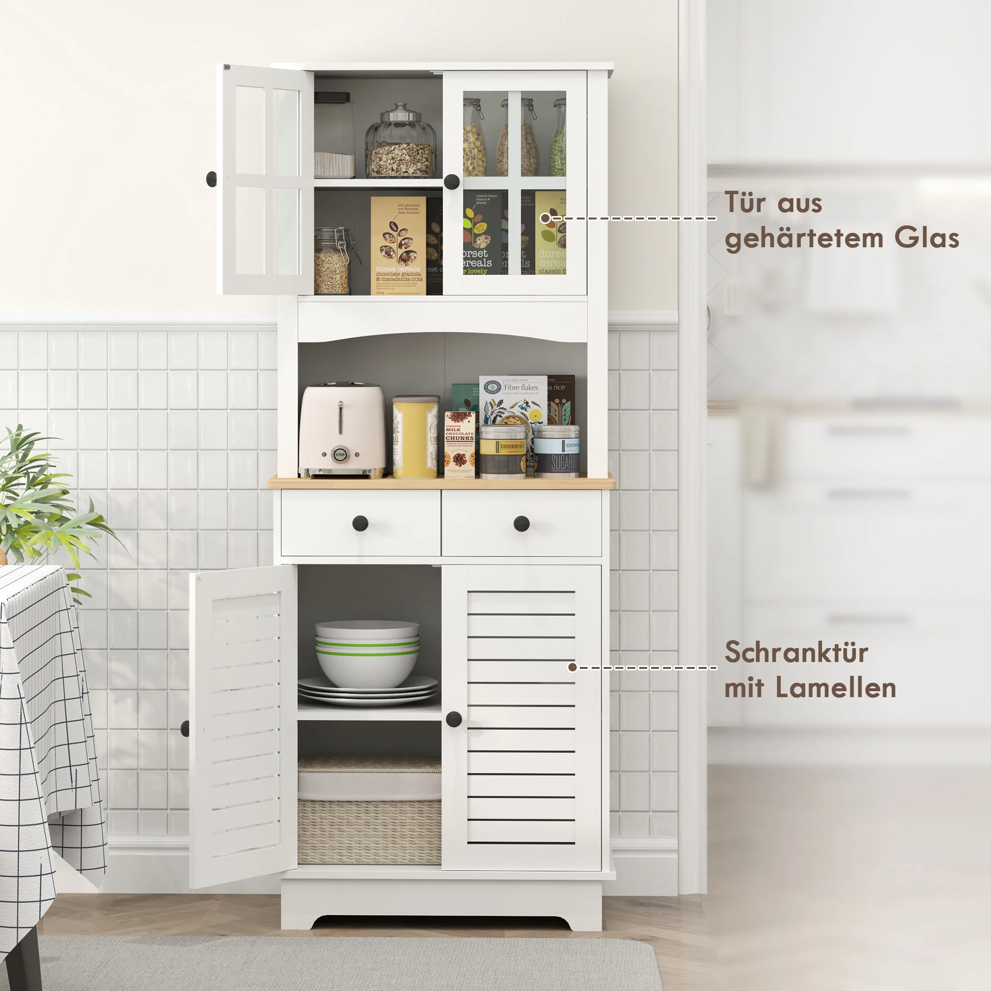 Kitchen Cabinet Glass Doors 2 Drawers - Wood White - Image 6