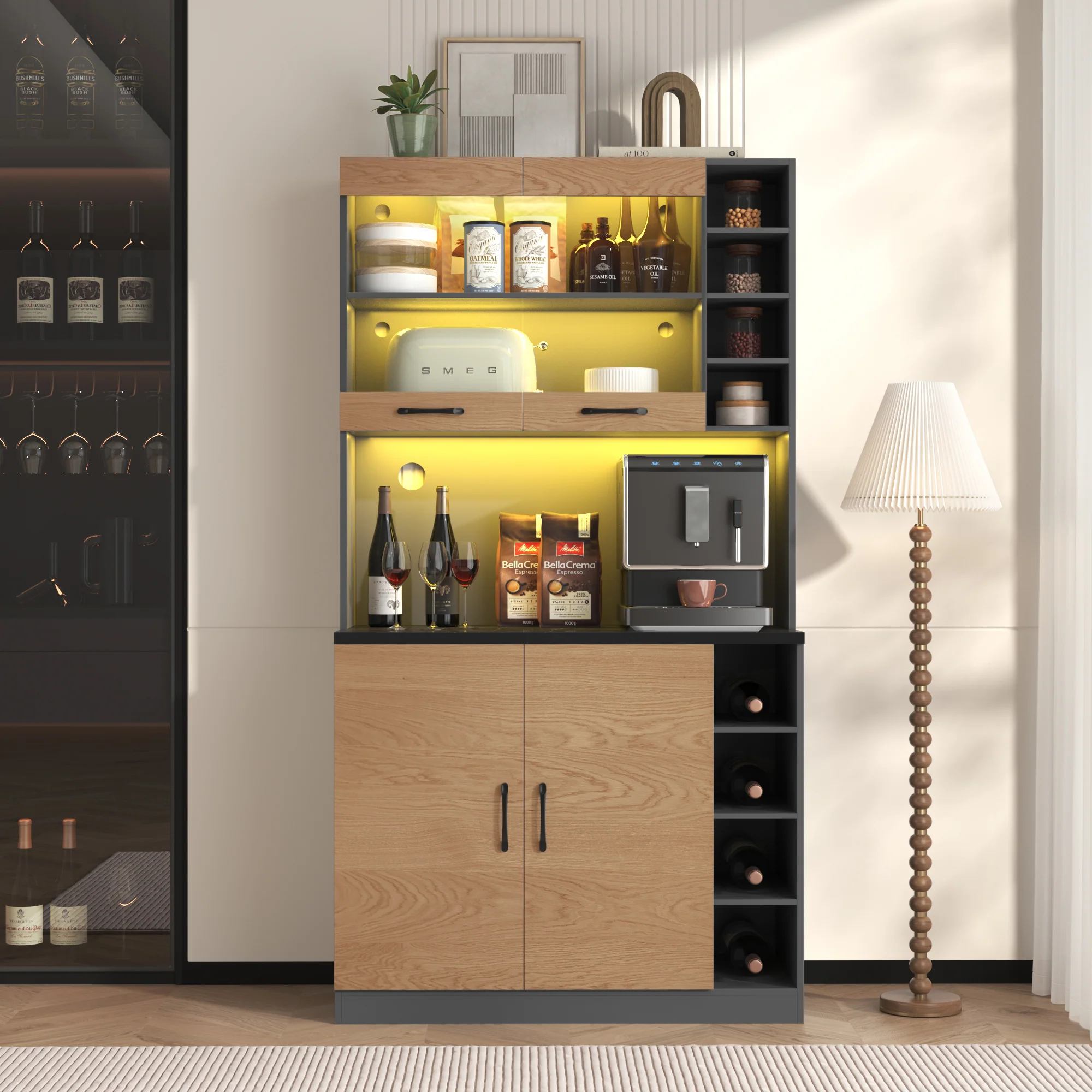 Kitchen Highboard Buffet 100x187cm LED Lighting Microwave Storage - Wooden