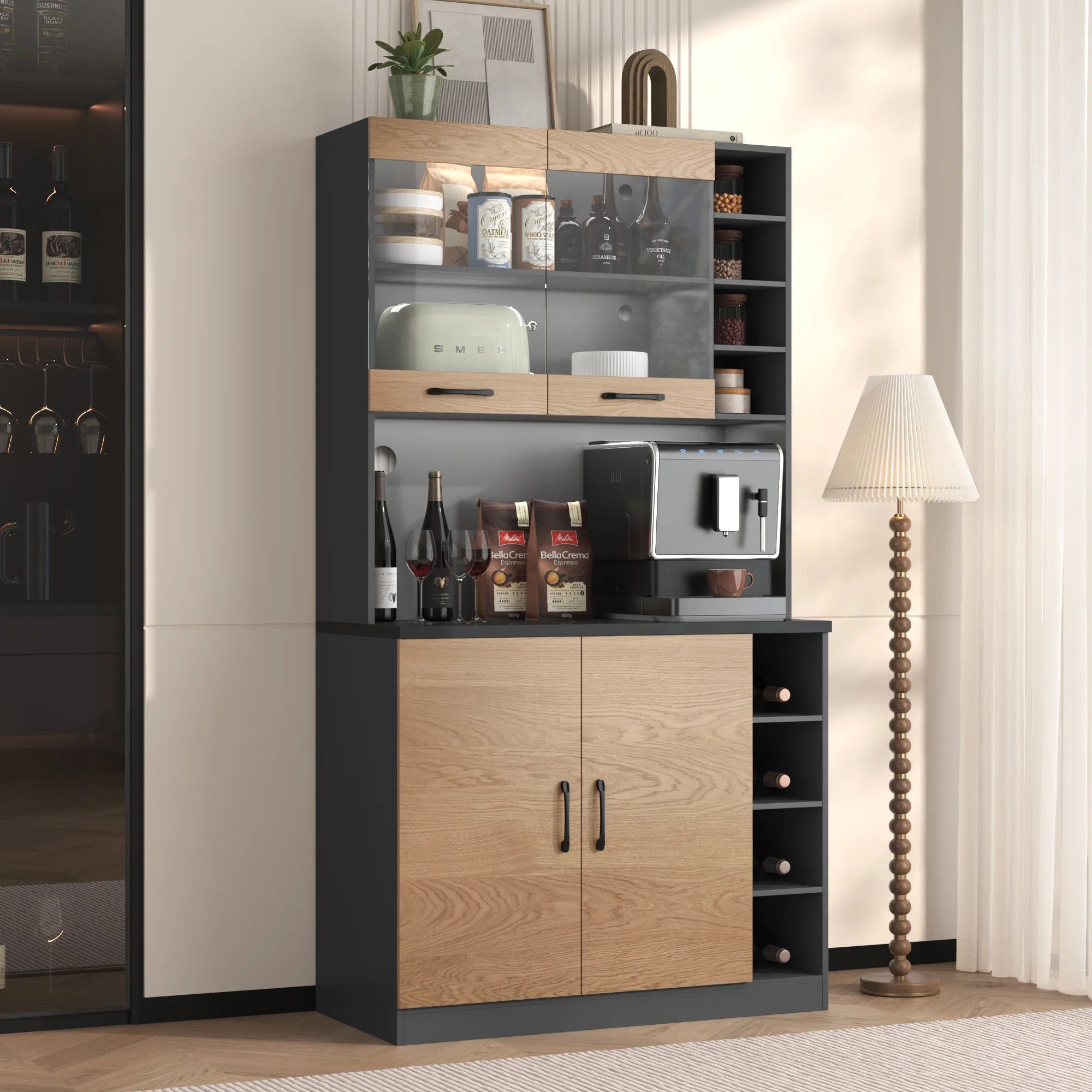 Kitchen Highboard Buffet 100x187cm LED Lighting Microwave Storage - Wooden - Image 10