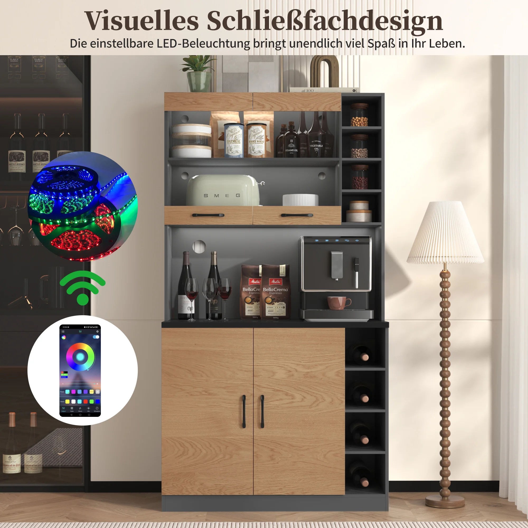 Kitchen Highboard Buffet 100x187cm LED Lighting Microwave Storage - Wooden - Image 2