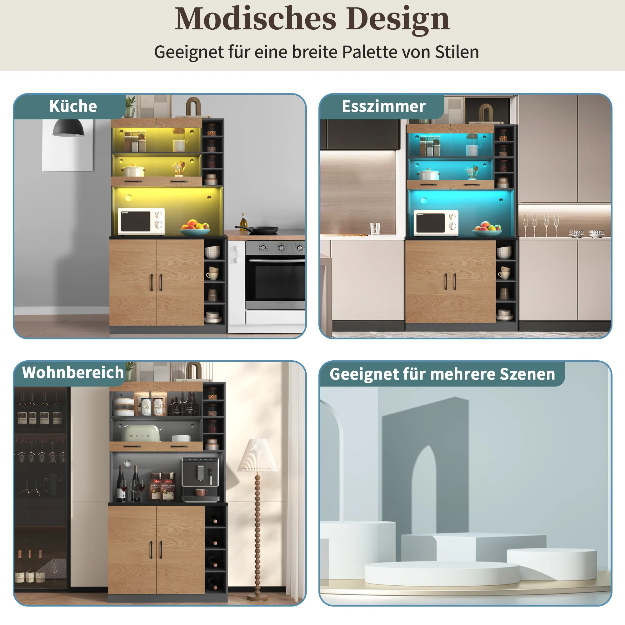 Kitchen Highboard Buffet 100x187cm LED Lighting Microwave Storage - Wooden - Image 3