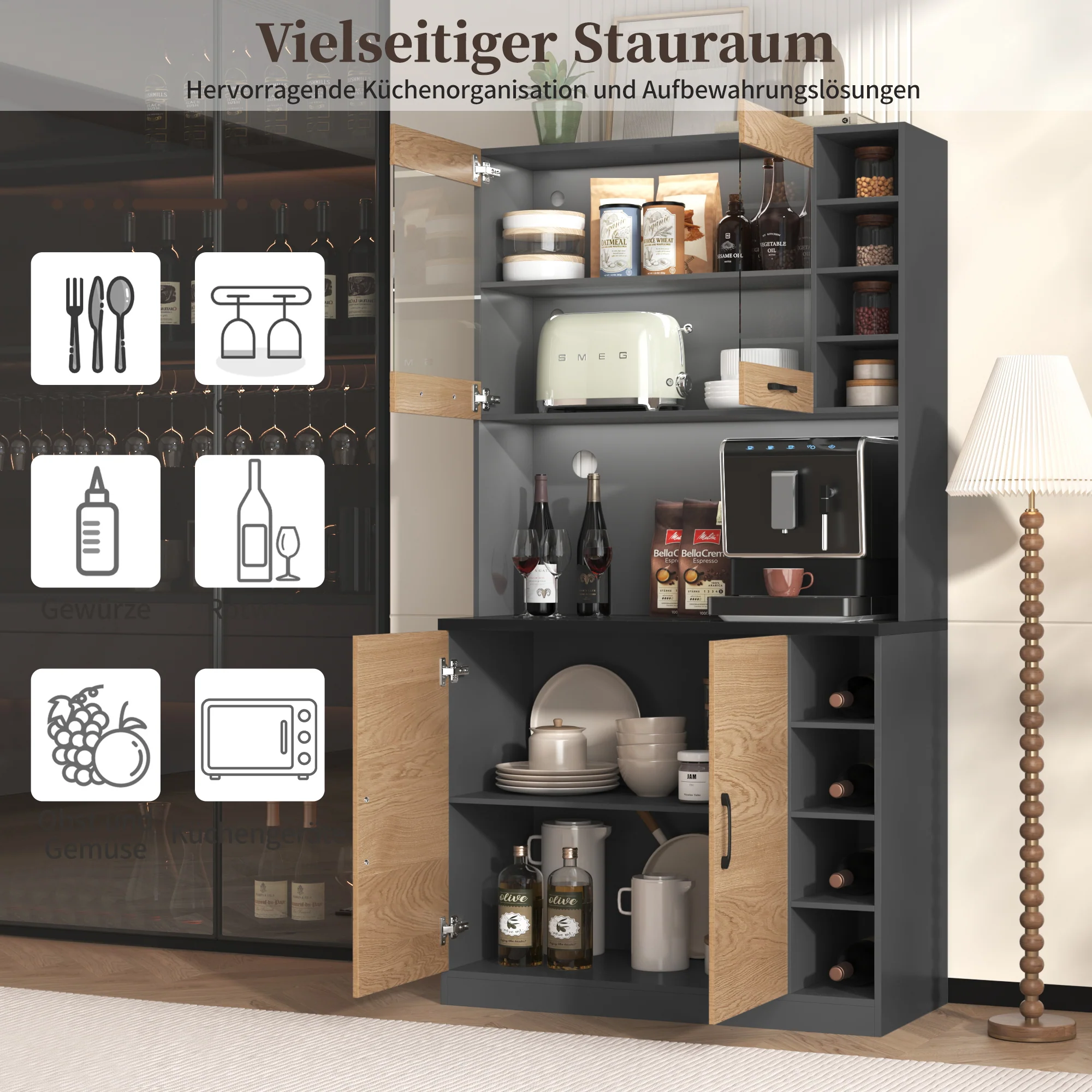 Kitchen Highboard Buffet 100x187cm LED Lighting Microwave Storage - Wooden - Image 4