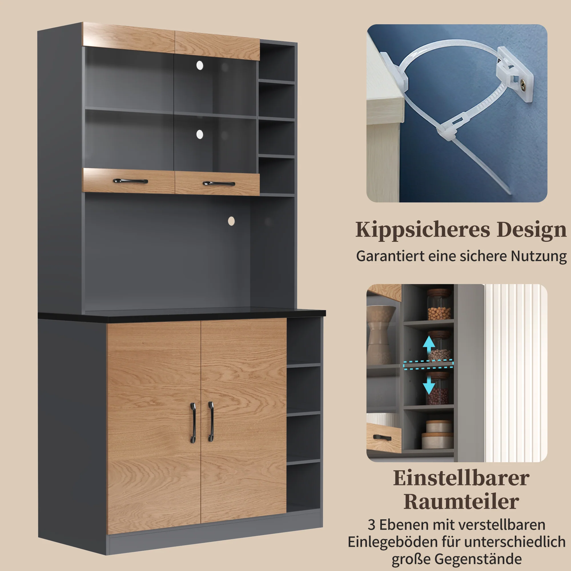 Kitchen Highboard Buffet 100x187cm LED Lighting Microwave Storage - Wooden - Image 5