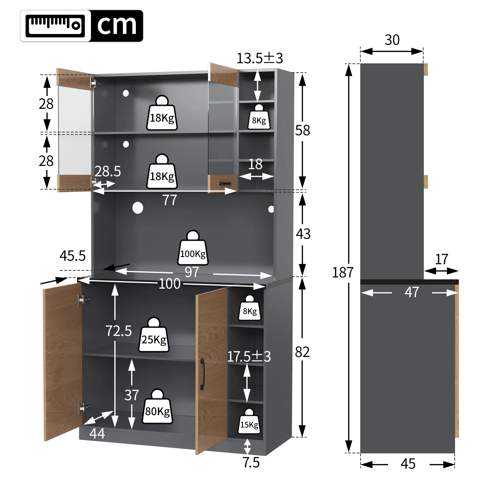 Kitchen Highboard Buffet 100x187cm LED Lighting Microwave Storage - Wooden - Image 6