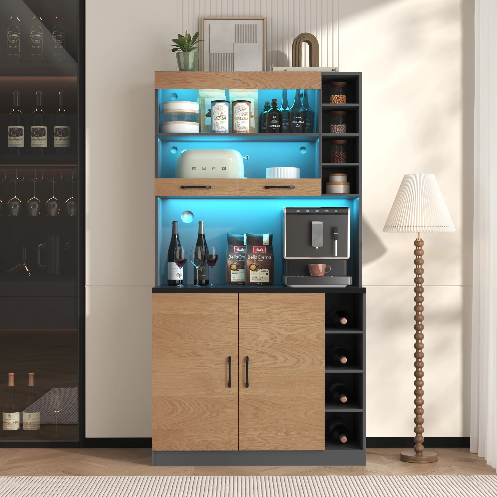 Kitchen Highboard Buffet 100x187cm LED Lighting Microwave Storage - Wooden - Image 7