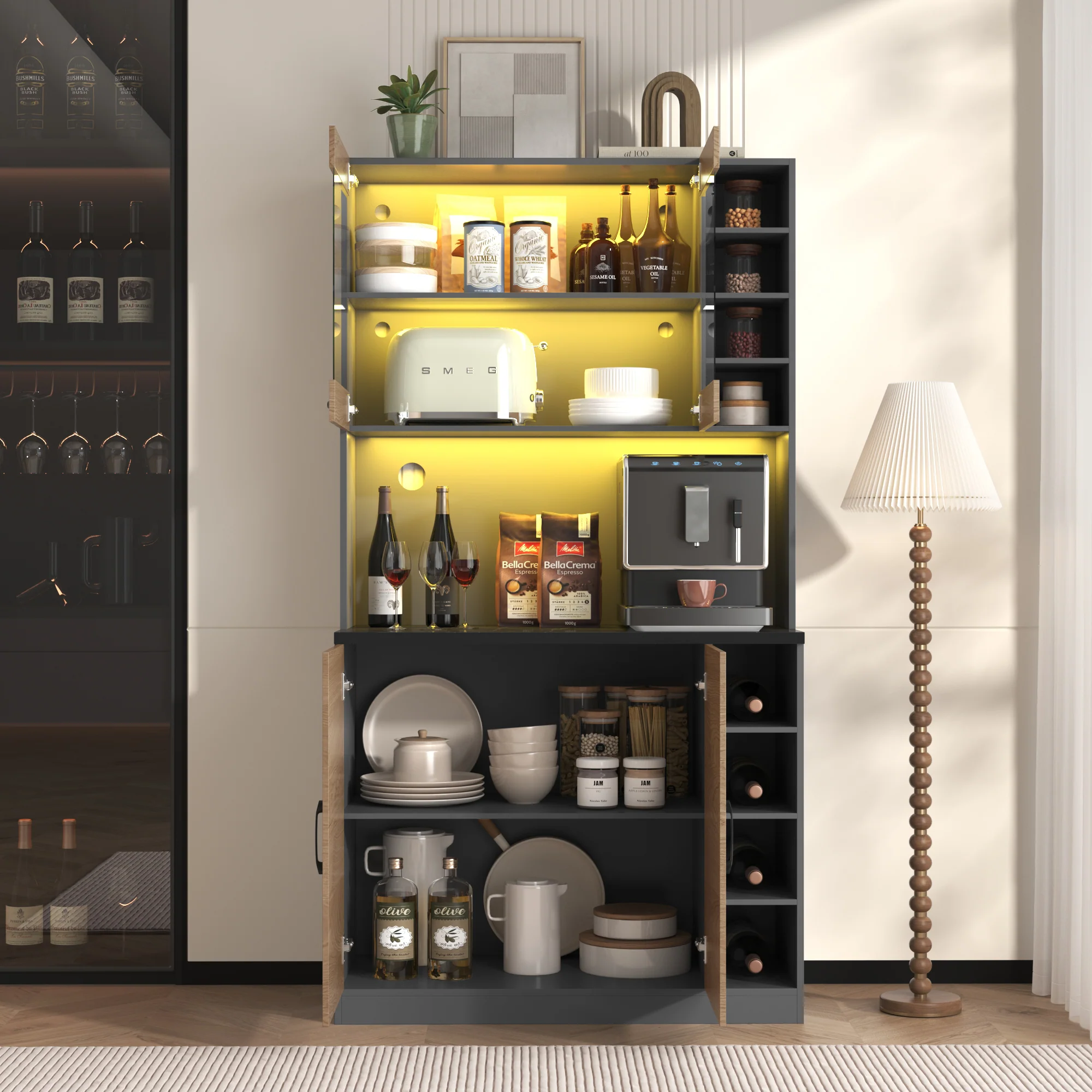 Kitchen Highboard Buffet 100x187cm LED Lighting Microwave Storage - Wooden - Image 8