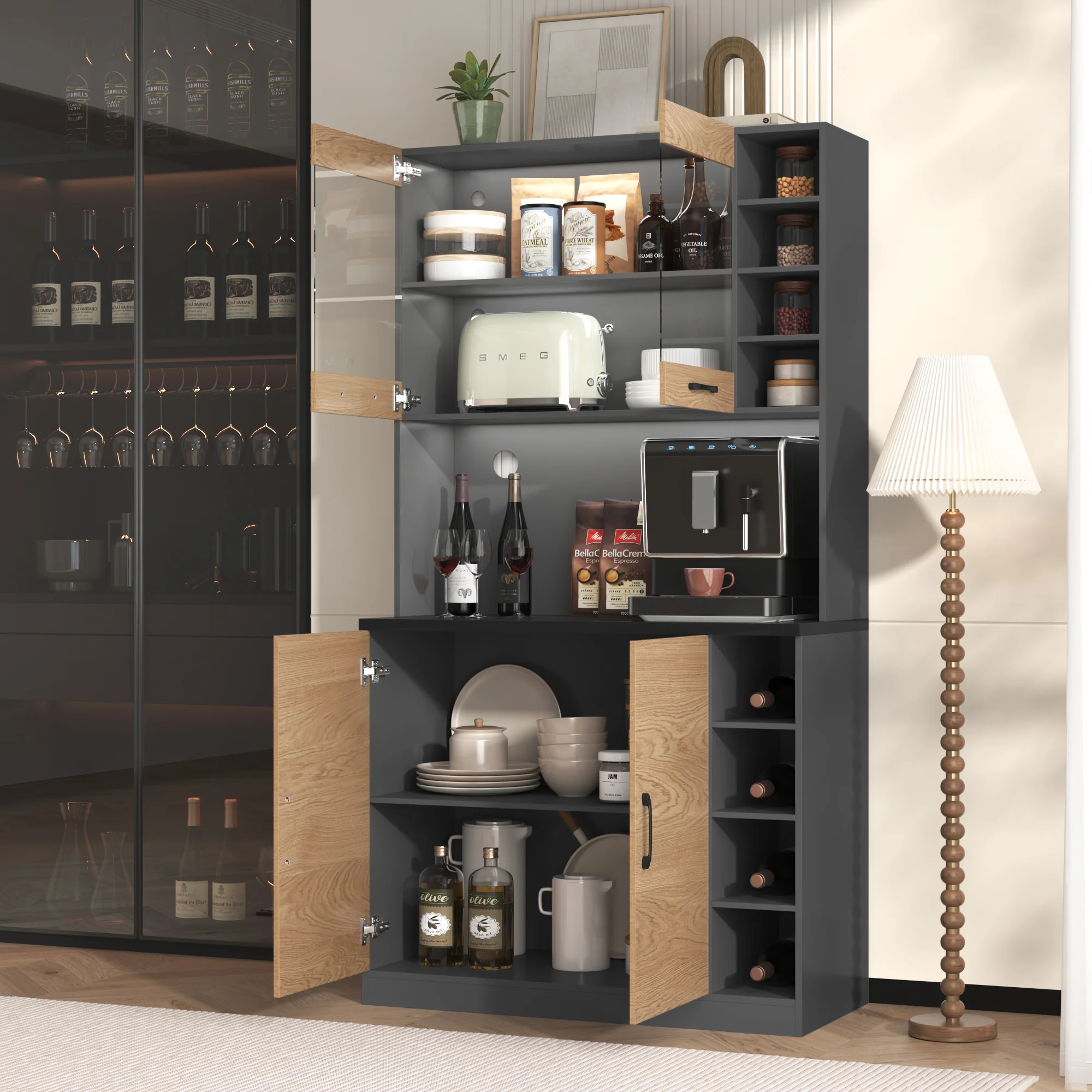 Kitchen Highboard Buffet 100x187cm LED Lighting Microwave Storage - Wooden - Image 9