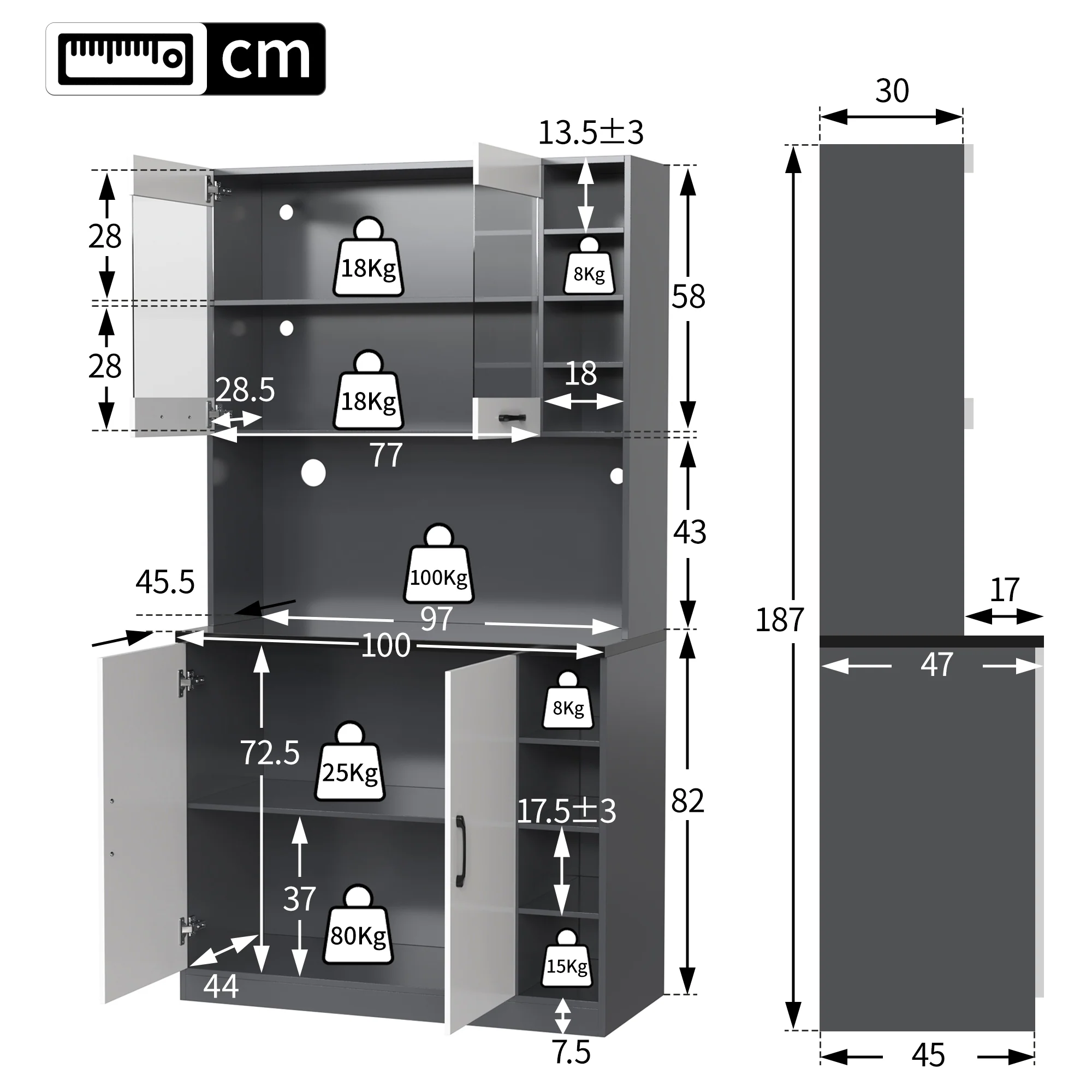 Kitchen Highboard Buffet 100x47x187cm LED Lighting Microwave Adjustable Shelves - Wooden - Image 6
