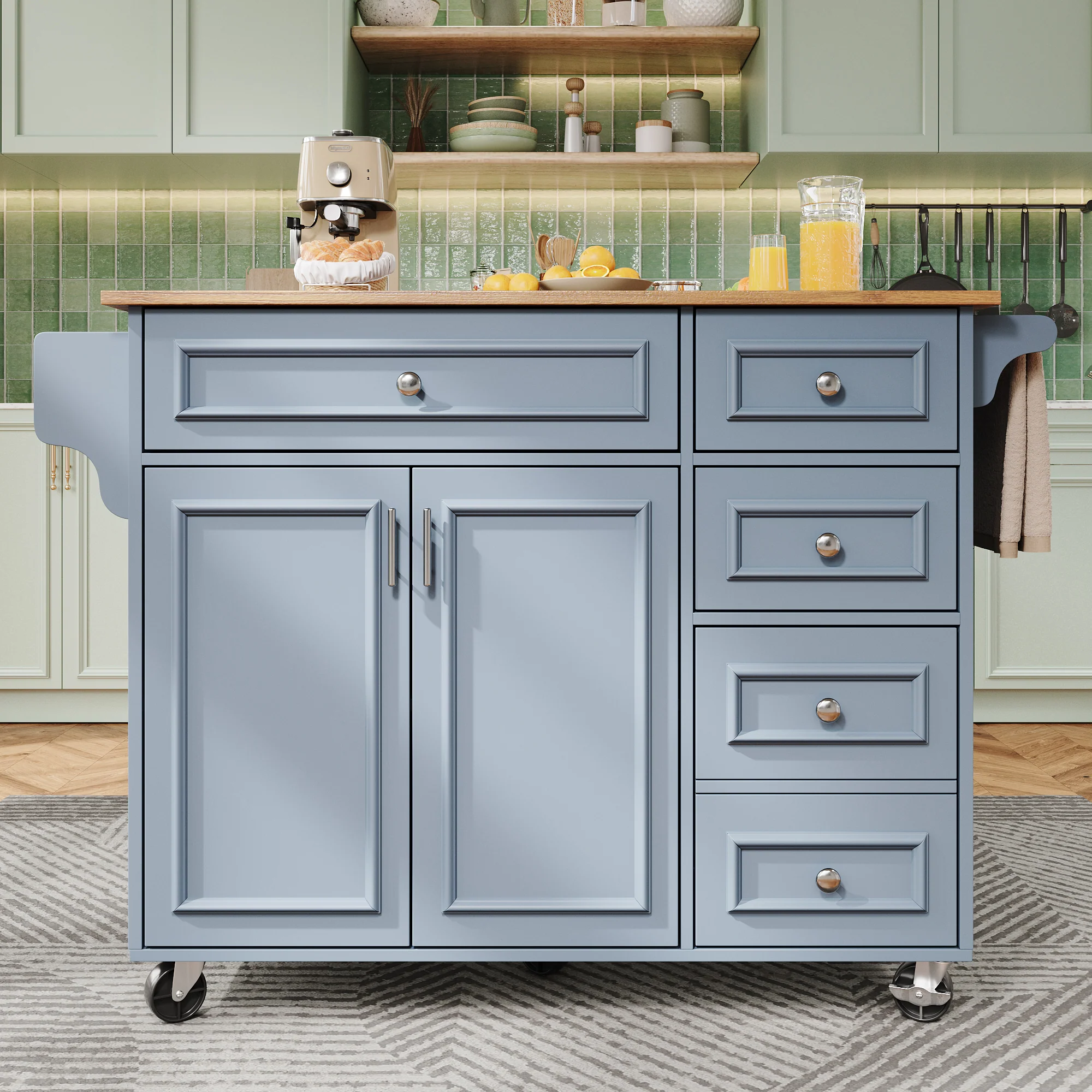 Kitchen Island 110cm Extendable Dining Table with Storage & Removable Trolley, Blue - Image 3