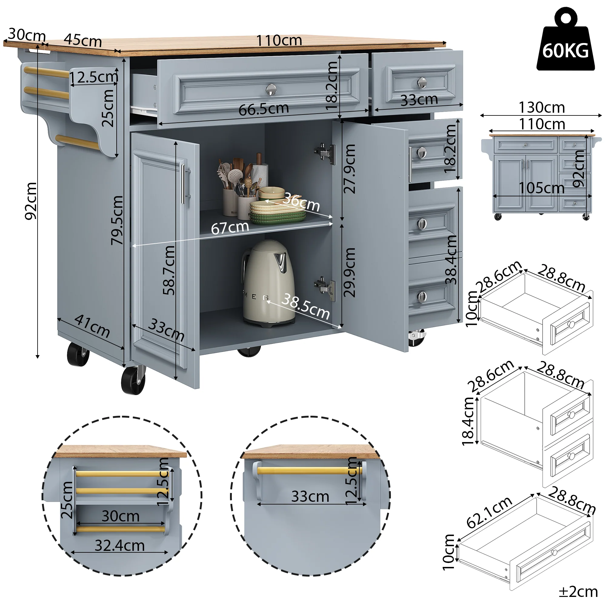 Kitchen Island 110cm Extendable Dining Table with Storage & Removable Trolley, Blue - Image 4