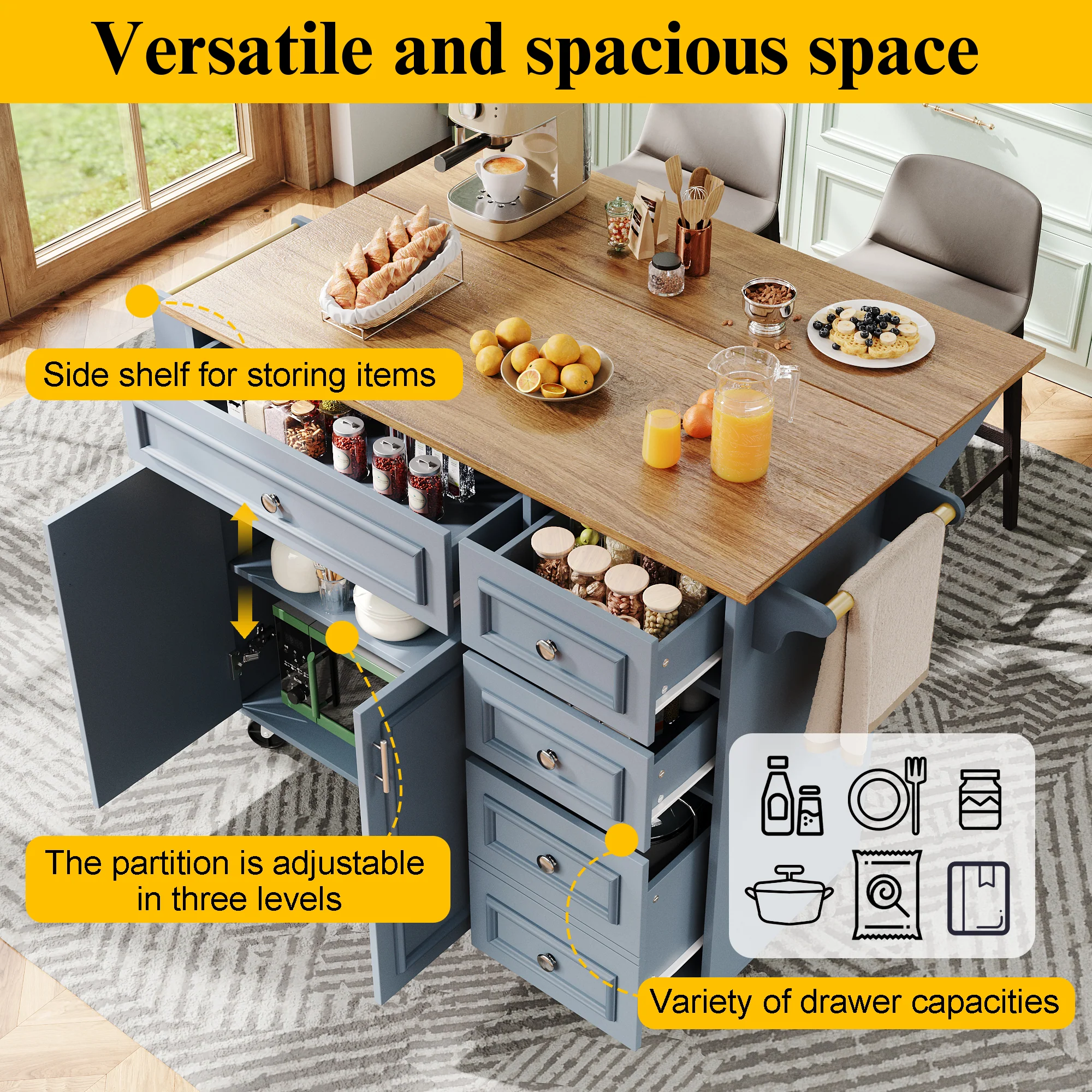 Kitchen Island 110cm Extendable Dining Table with Storage & Removable Trolley, Blue - Image 5