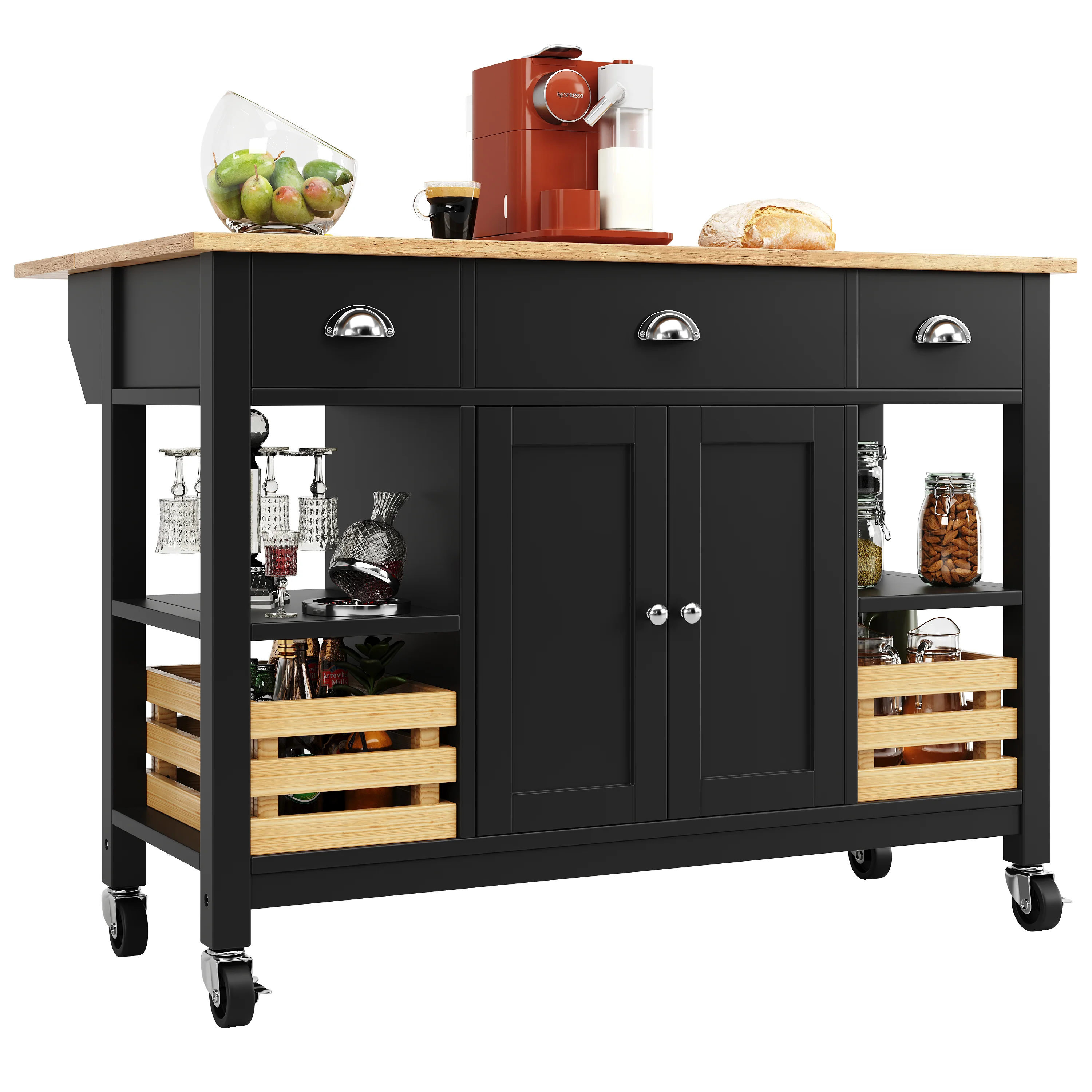 Kitchen Island 120x45x90cm Multifunctional Dining Cabinet Storage Basket - Black - Image 10
