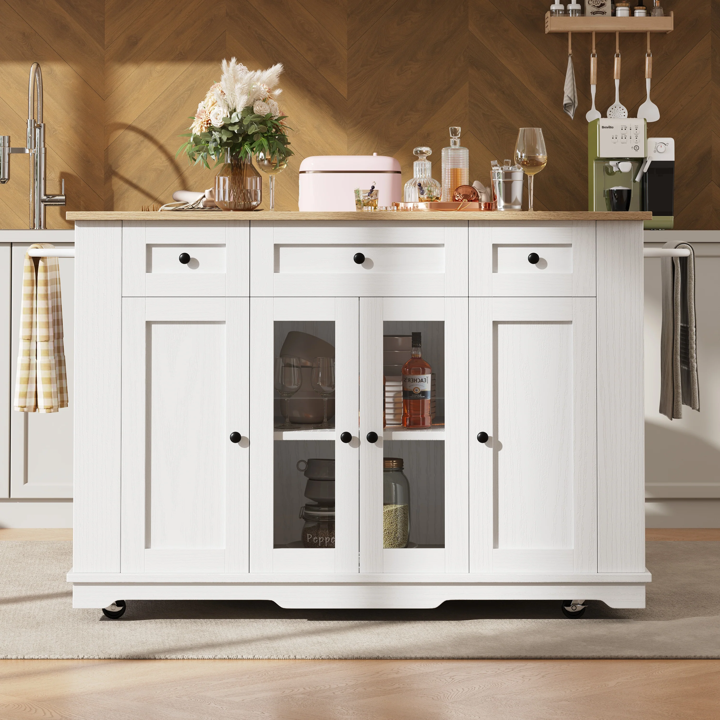 Kitchen Island Cabinet Tempered Glass Worktop Storage - White