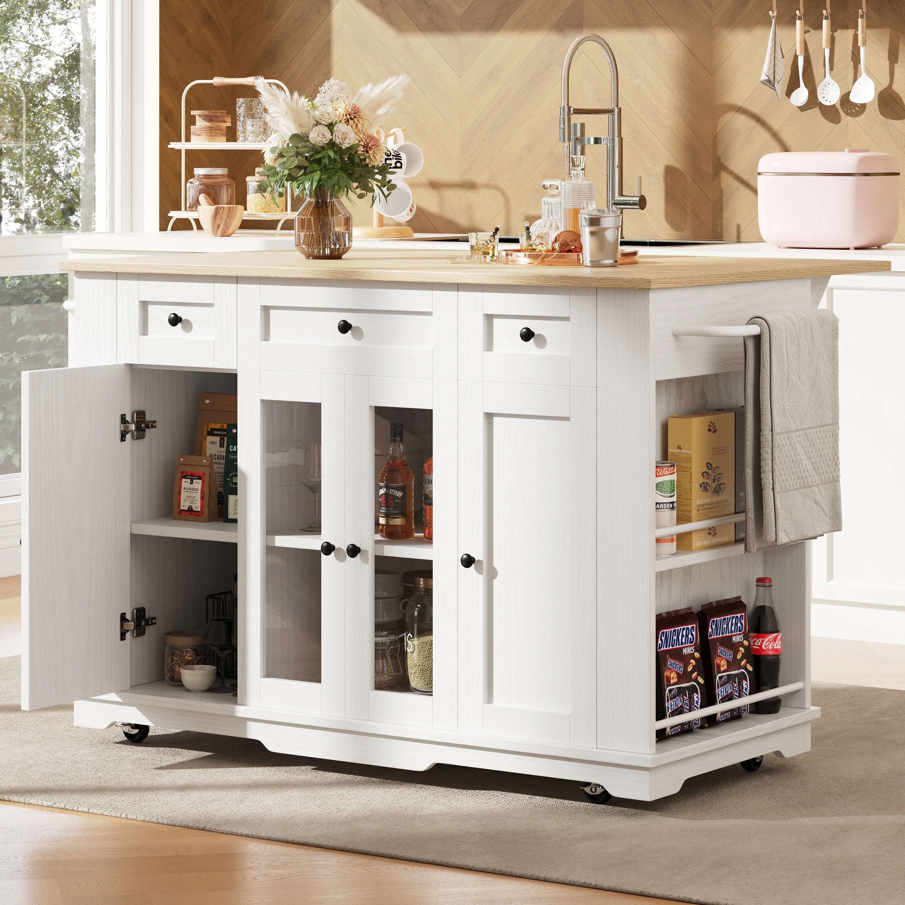 Kitchen Island Cabinet Tempered Glass Worktop Storage - White - Image 2
